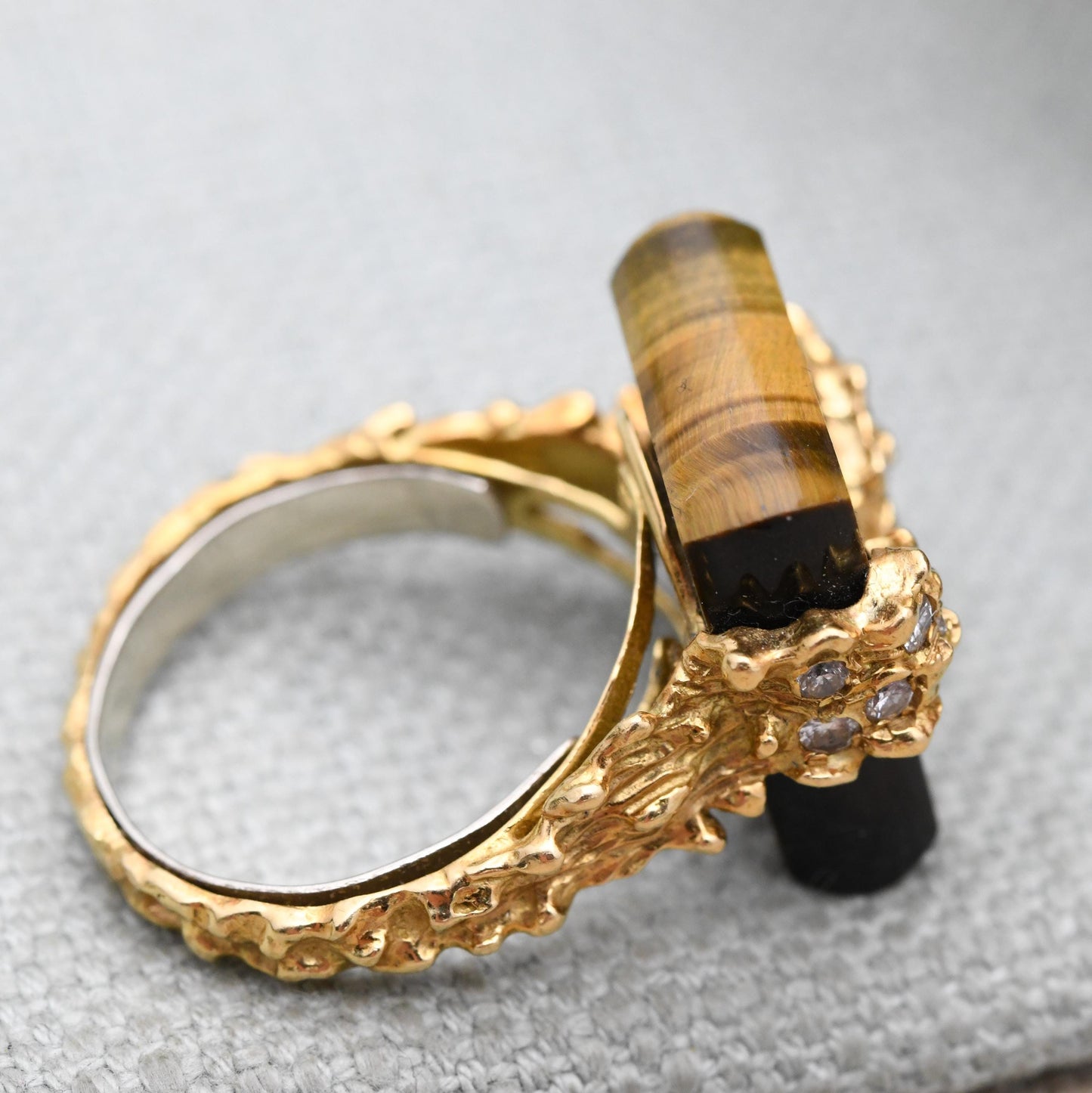 Vintage 18ct Gold Tiger's Eye and Diamond Cocktail Ring c. 1960s - Mid-Century Modernist Gemstone Dress Ring l UK Size - P | US Size - 8