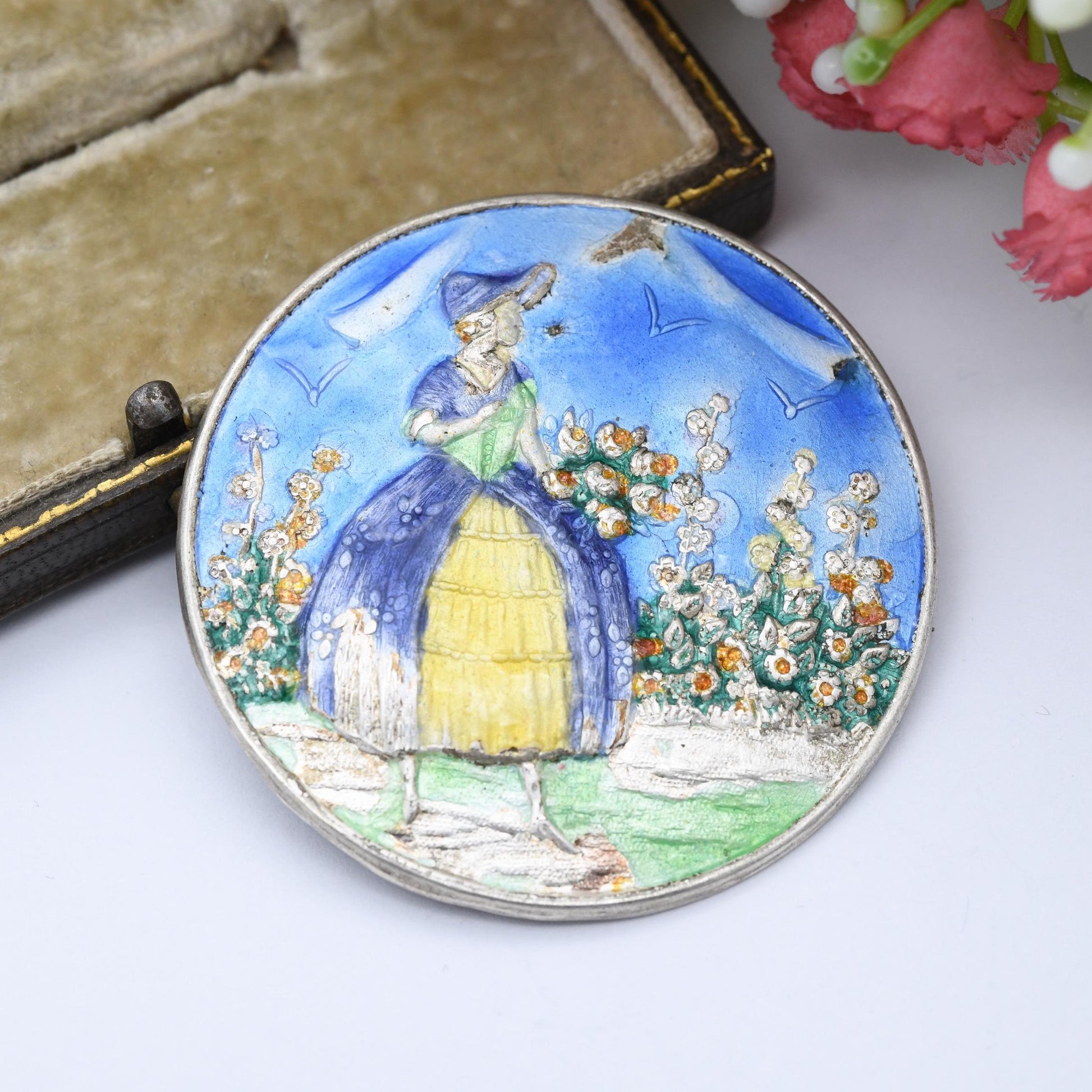 Vintage Sterling Silver Enamel Crinoline Lady Brooch 1947 FJM & Co - Large Round Rural Scene | Little Bo Peep Girl