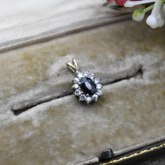 Vintage 9ct Gold Sapphire Cluster Pendant - Mid-Century Miniature Sparkly Charm | Pretty Solid Gold Gift for Her