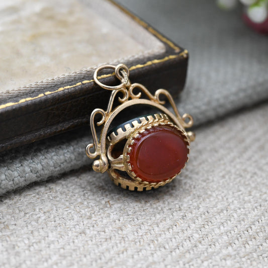 Vintage 9ct Gold Gemstone Spinner Fob Pendant - Antique Style Miniature Spinning Watch Fob Charm Ornate | Onyx Bloodstone Red Carnelian