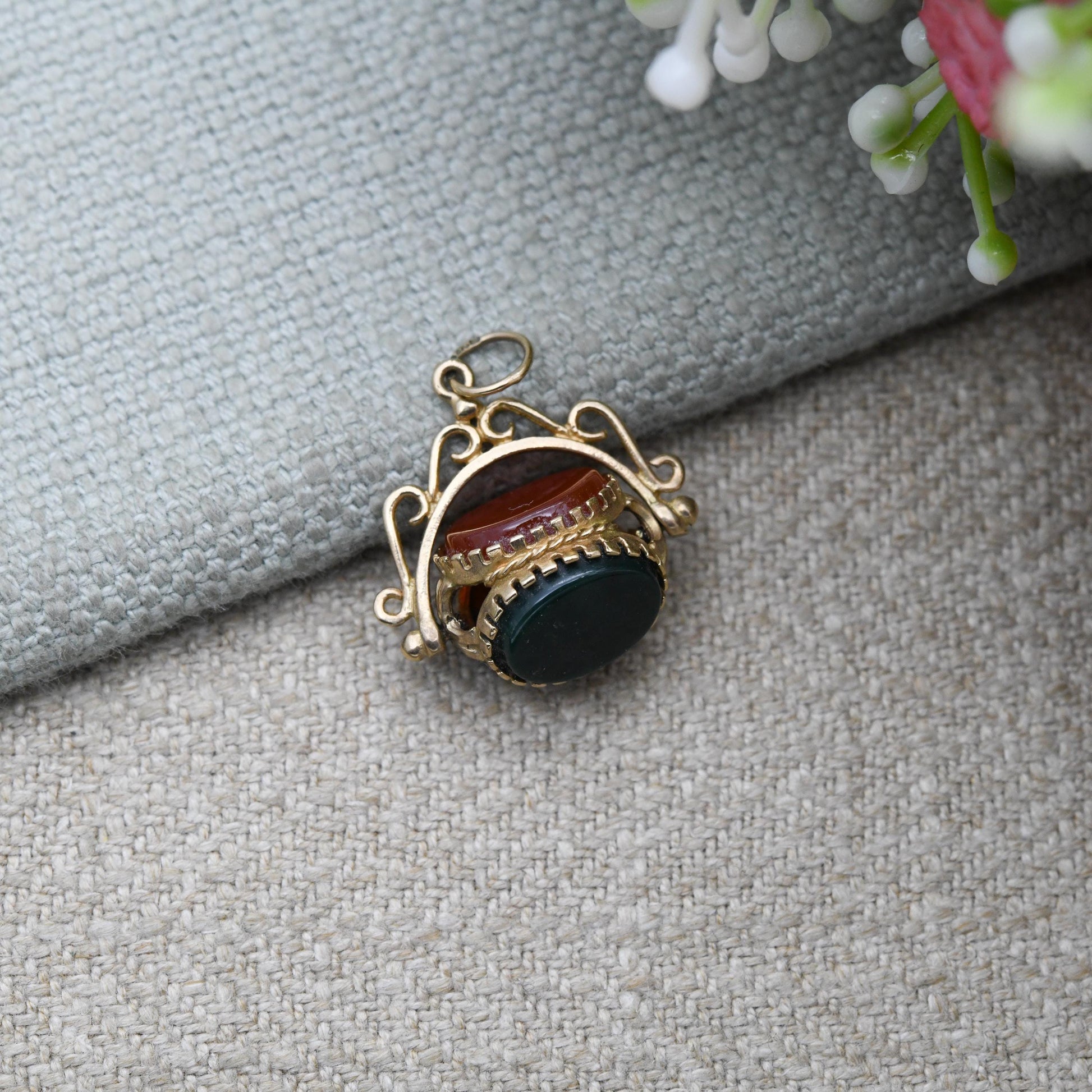 Vintage 9ct Gold Gemstone Spinner Fob Pendant - Antique Style Miniature Spinning Watch Fob Charm Ornate | Onyx Bloodstone Red Carnelian
