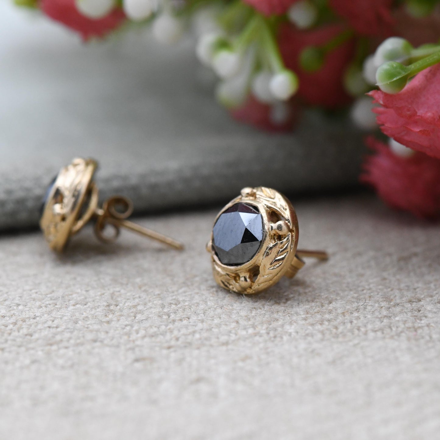 Vintage 9ct Gold Hematite Bezel Set Stud Earrings - Black Gemstone Floral Textured Border | Butterfly Back | Everyday Stud Earrings