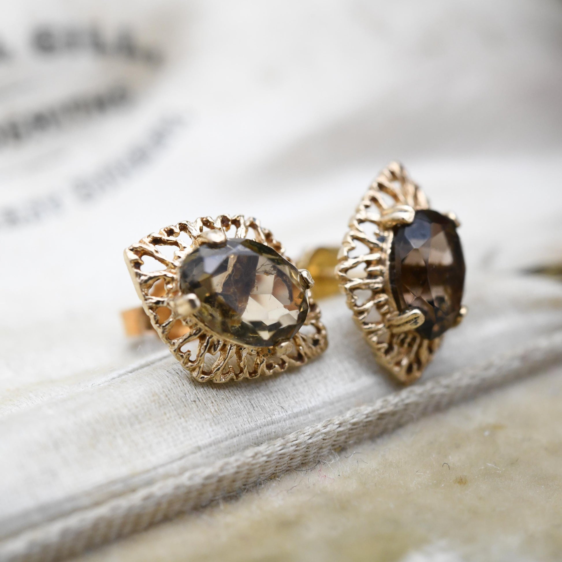 Vintage 9ct Gold Smoky Quartz Prong Set Stud Earrings - Diamond Shaped Openwork Milgrain Border | Butterfly Back | Everyday Stud Earrings