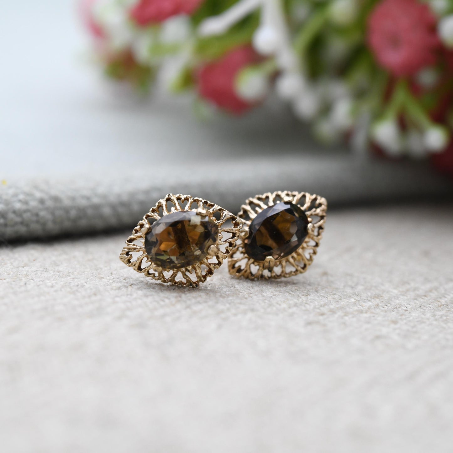 Vintage 9ct Gold Smoky Quartz Prong Set Stud Earrings - Diamond Shaped Openwork Milgrain Border | Butterfly Back | Everyday Stud Earrings
