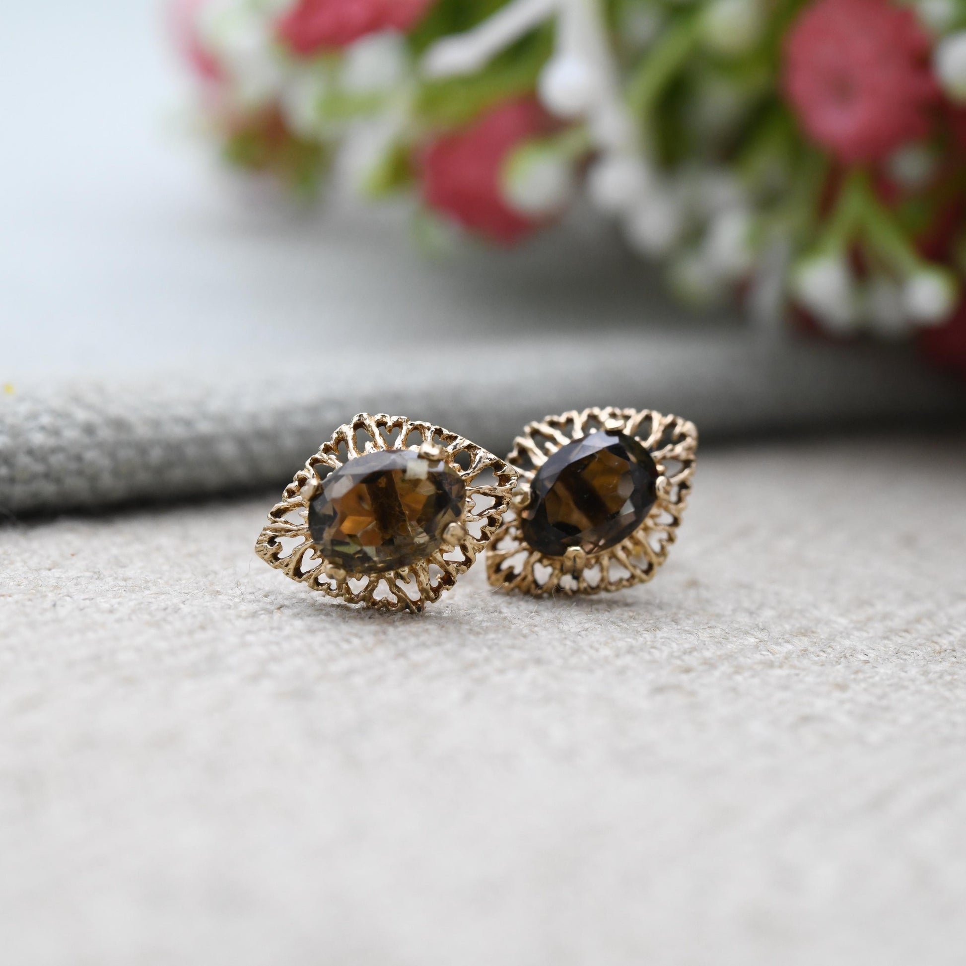 Vintage 9ct Gold Smoky Quartz Prong Set Stud Earrings - Diamond Shaped Openwork Milgrain Border | Butterfly Back | Everyday Stud Earrings