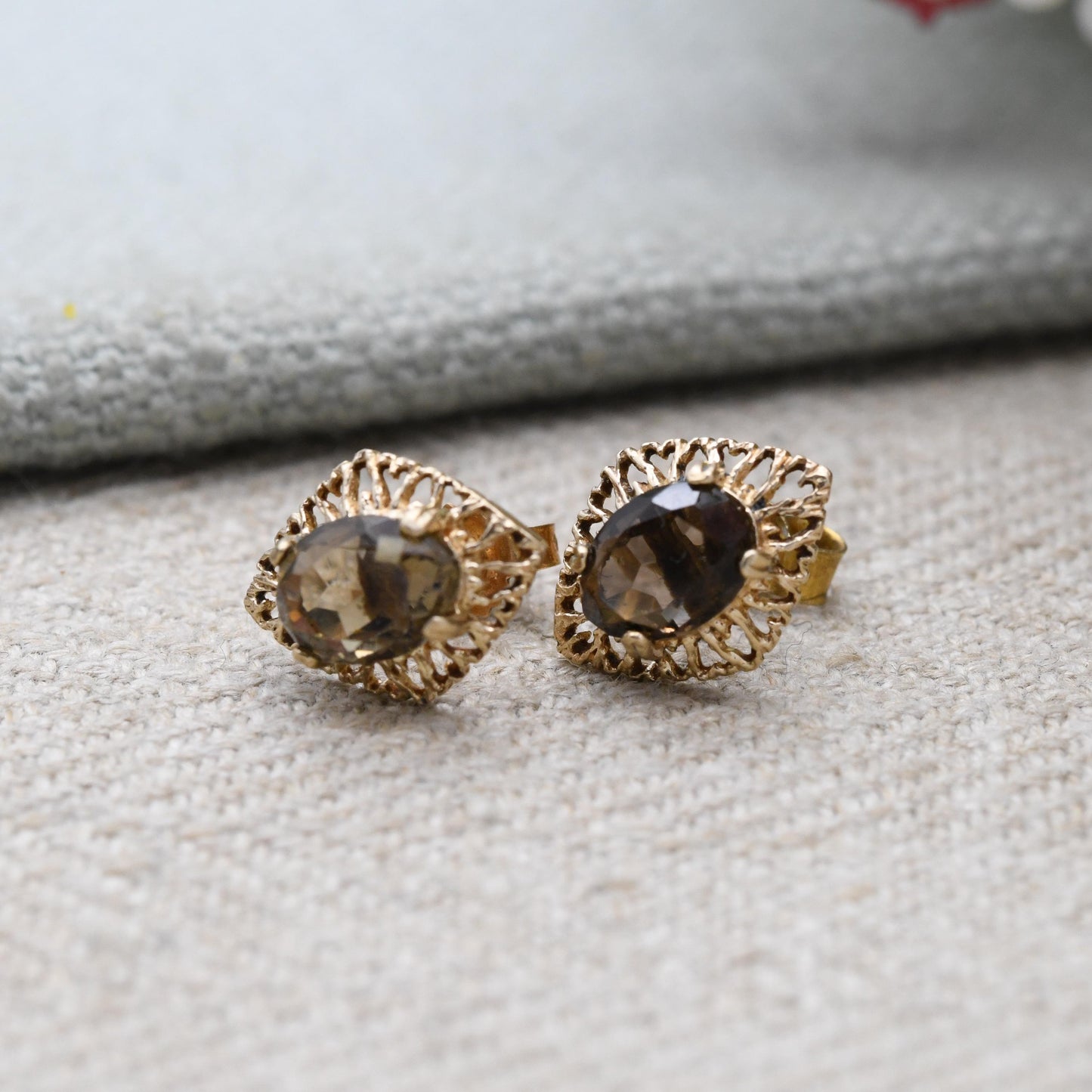 Vintage 9ct Gold Smoky Quartz Prong Set Stud Earrings - Diamond Shaped Openwork Milgrain Border | Butterfly Back | Everyday Stud Earrings