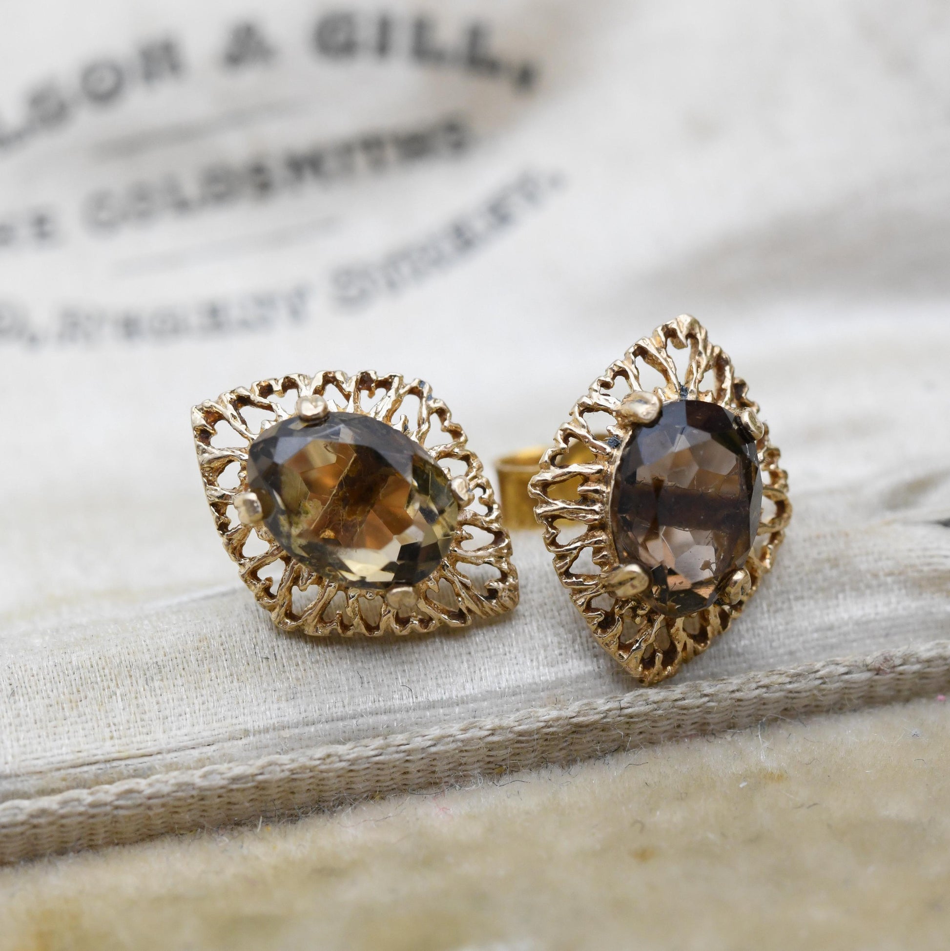 Vintage 9ct Gold Smoky Quartz Prong Set Stud Earrings - Diamond Shaped Openwork Milgrain Border | Butterfly Back | Everyday Stud Earrings
