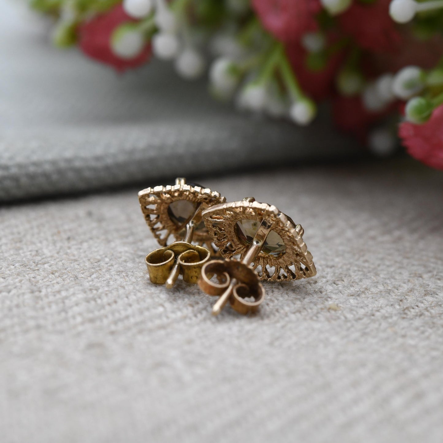 Vintage 9ct Gold Smoky Quartz Prong Set Stud Earrings - Diamond Shaped Openwork Milgrain Border | Butterfly Back | Everyday Stud Earrings