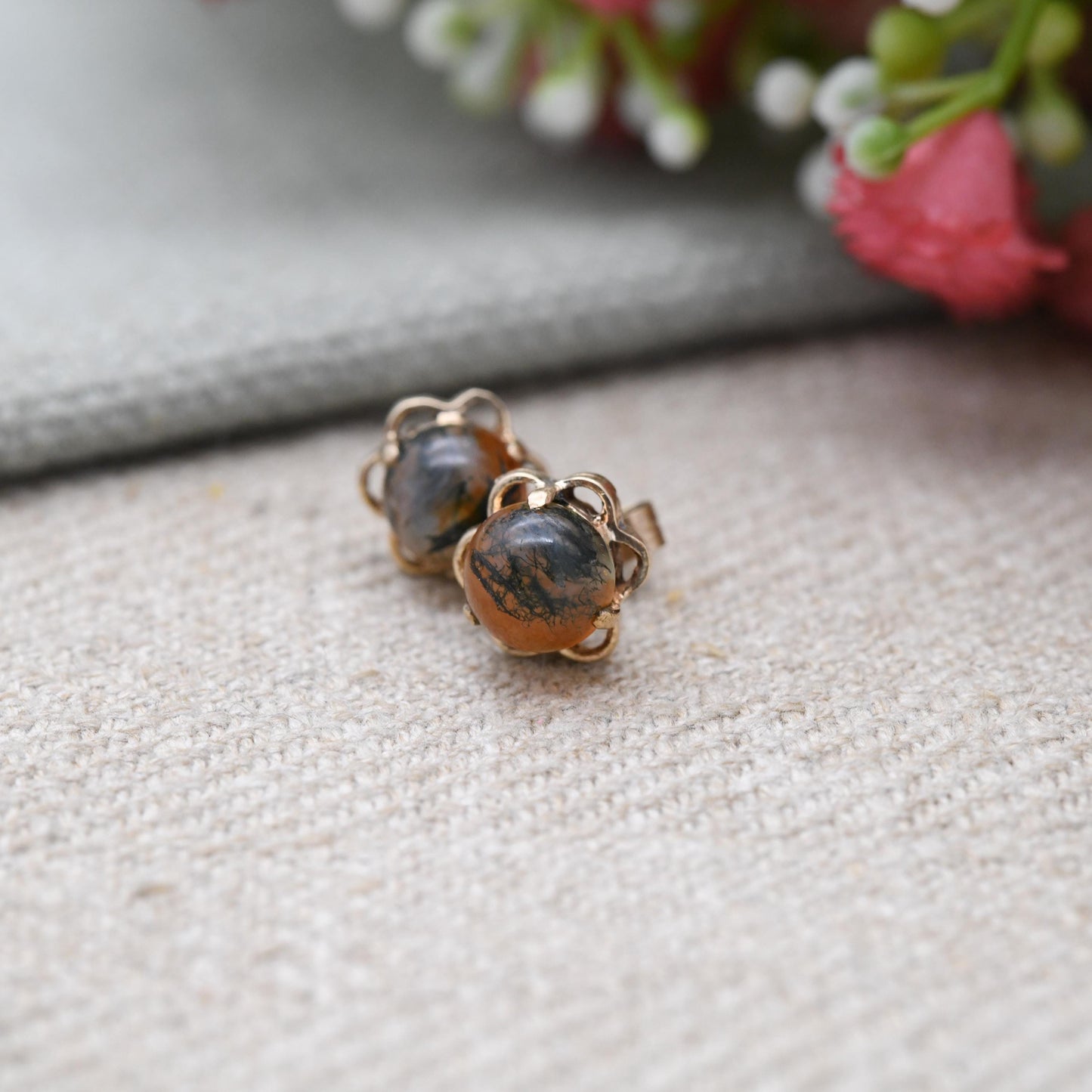 Vintage 9ct Gold Moss Agate Cabochon Stud Earrings - Prong Set Openwork Border | Gold Gift for Her | Butterfly Back | Everyday Stud Earrings