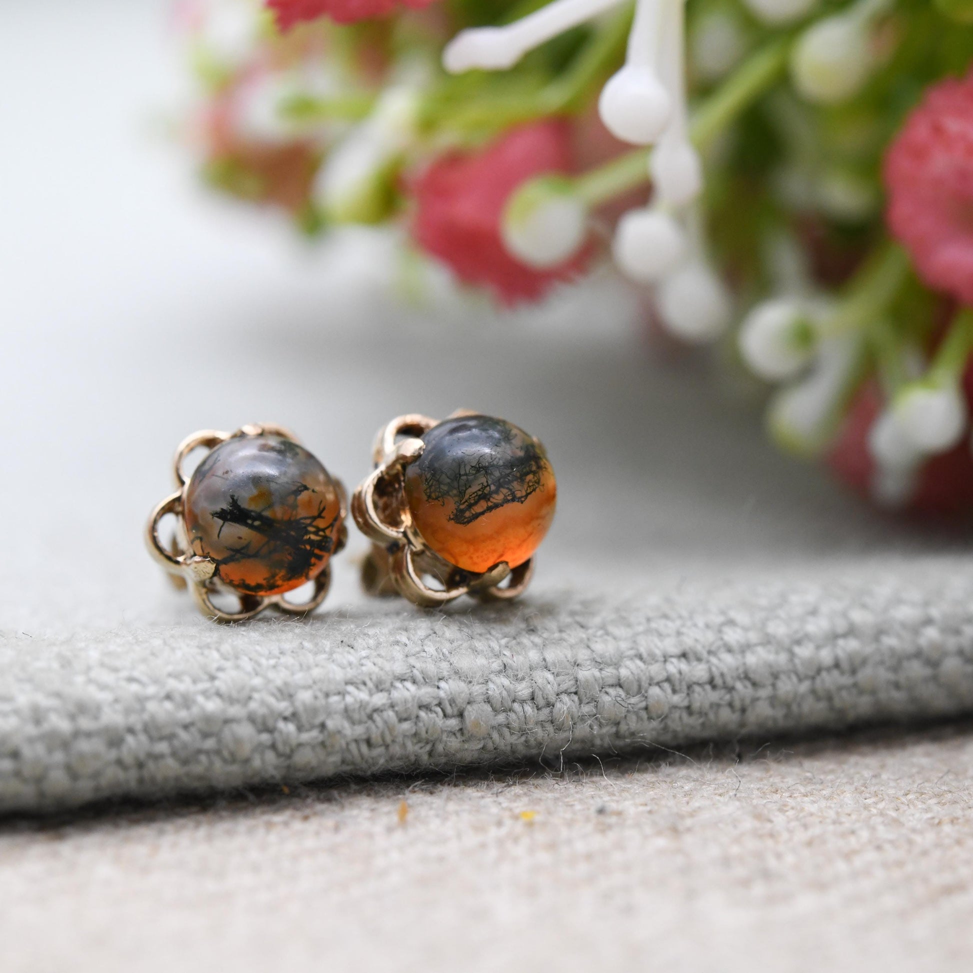 Vintage 9ct Gold Moss Agate Cabochon Stud Earrings - Prong Set Openwork Border | Gold Gift for Her | Butterfly Back | Everyday Stud Earrings