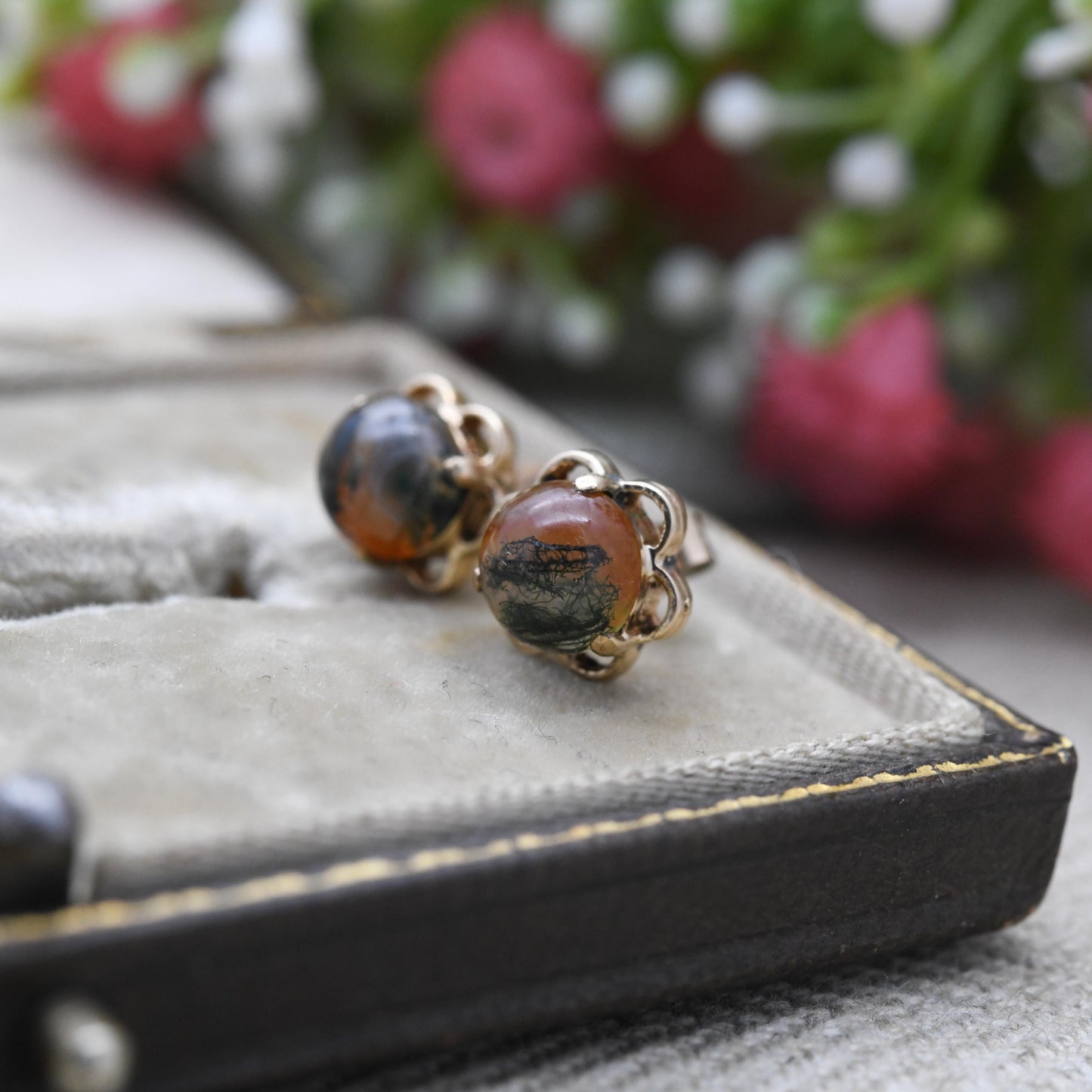 Vintage 9ct Gold Moss Agate Cabochon Stud Earrings - Prong Set Openwork Border | Gold Gift for Her | Butterfly Back | Everyday Stud Earrings