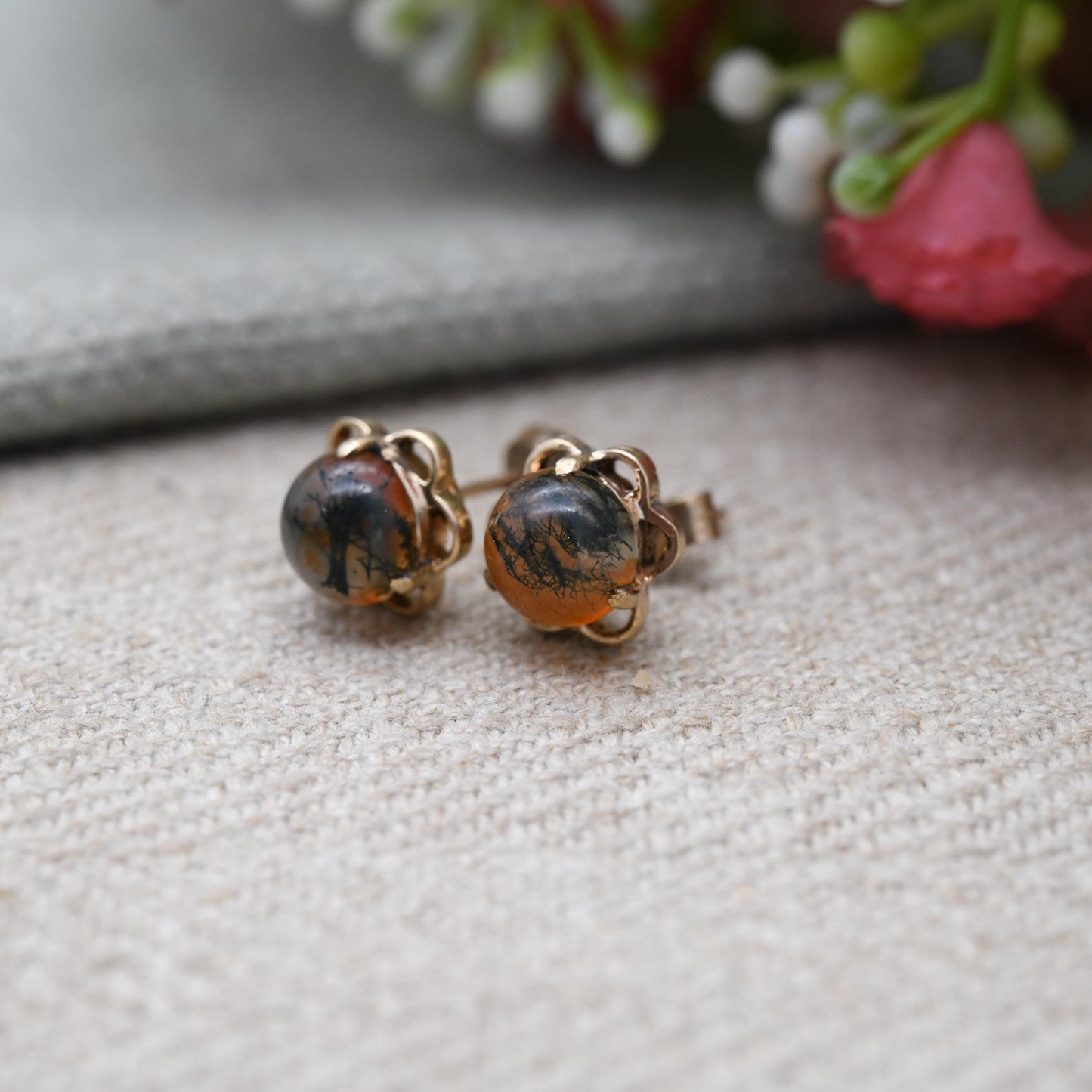 Vintage 9ct Gold Moss Agate Cabochon Stud Earrings - Prong Set Openwork Border | Gold Gift for Her | Butterfly Back | Everyday Stud Earrings