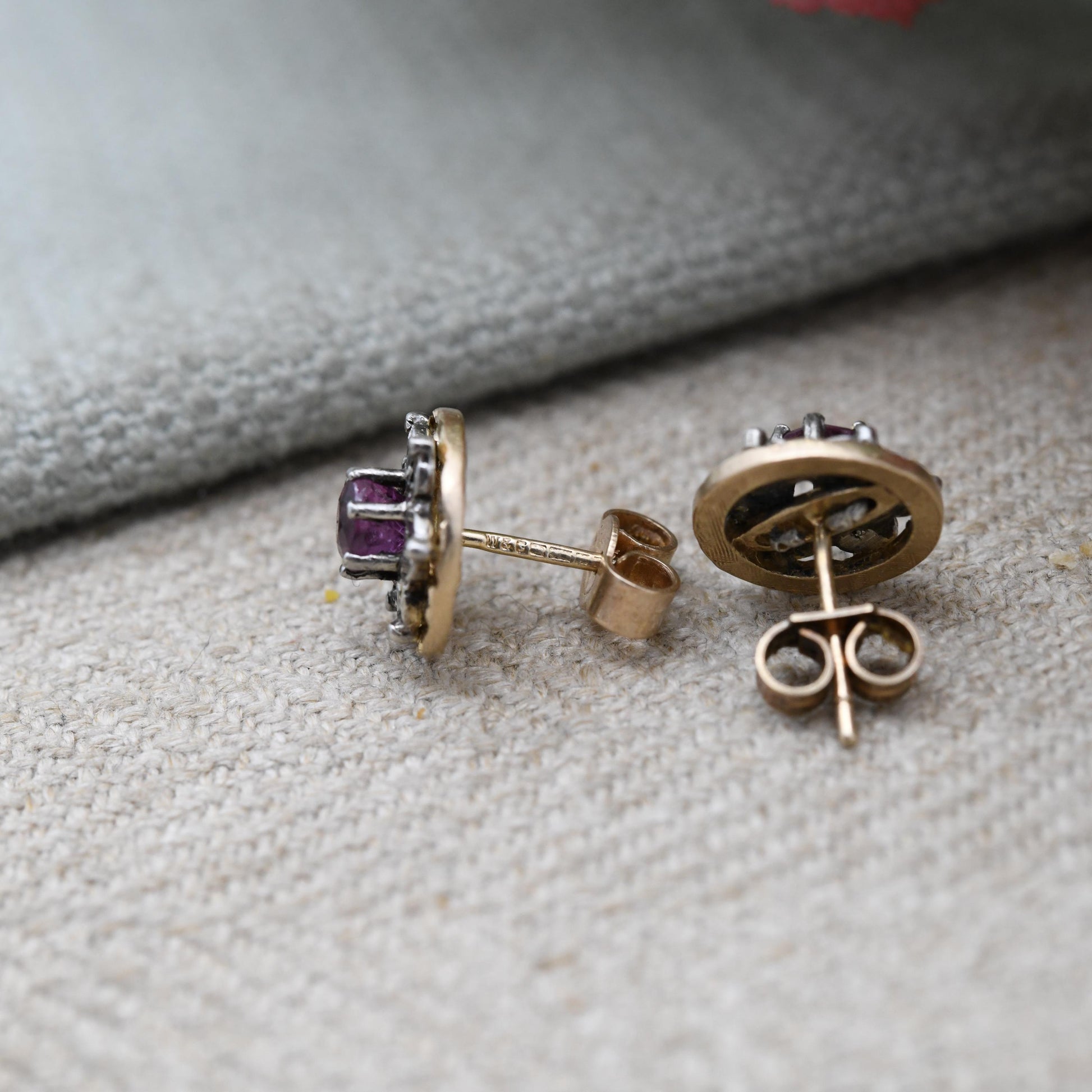 Vintage 9ct Gold Ruby Diamond Cluster Earrings - Flower Studs | July Birthstone Gift | Butterfly Back | Solid Gold