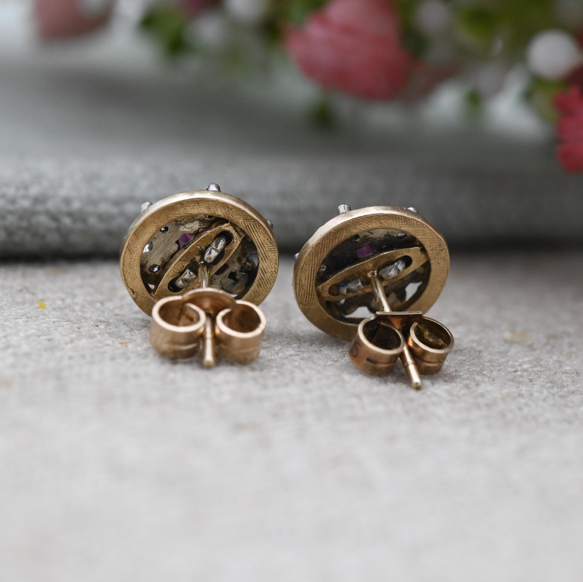 Vintage 9ct Gold Ruby Diamond Cluster Earrings - Flower Studs | July Birthstone Gift | Butterfly Back | Solid Gold