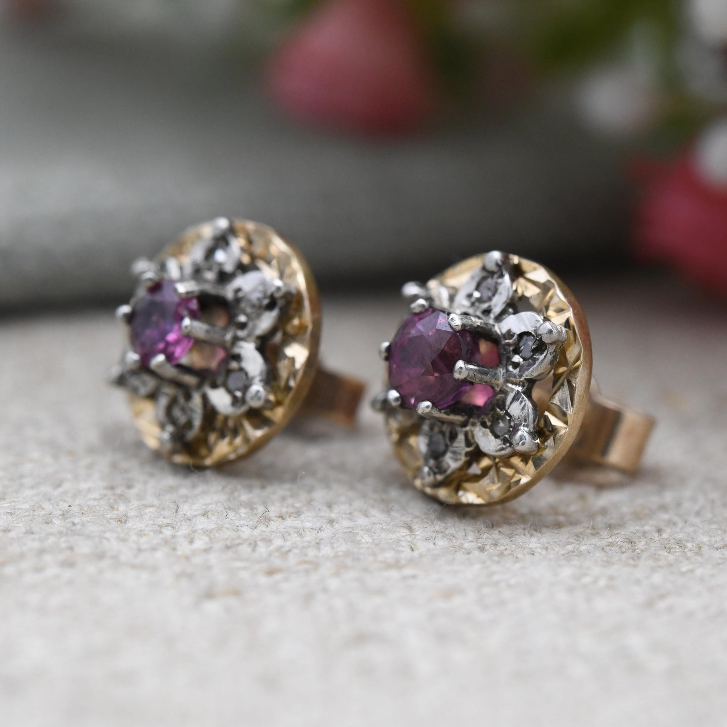 Vintage 9ct Gold Ruby Diamond Cluster Earrings - Flower Studs | July Birthstone Gift | Butterfly Back | Solid Gold
