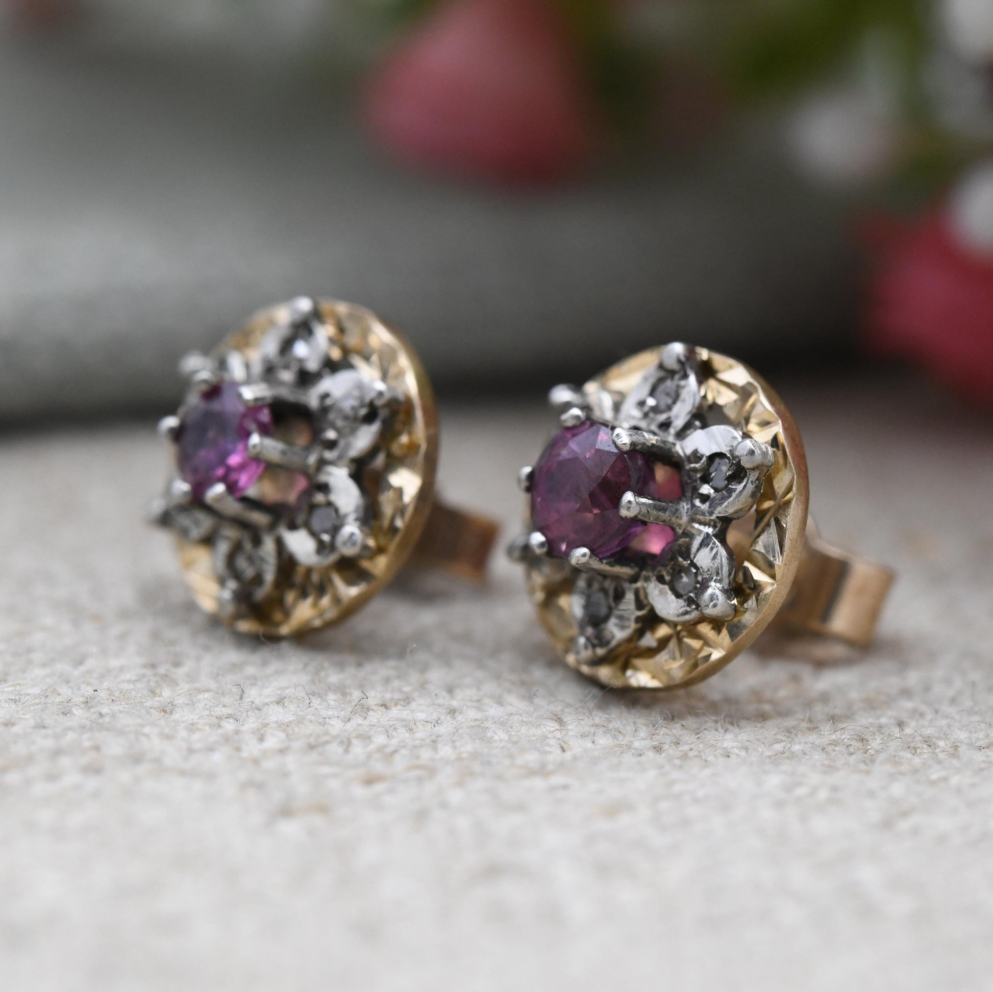 Vintage 9ct Gold Ruby Diamond Cluster Earrings - Flower Studs | July Birthstone Gift | Butterfly Back | Solid Gold