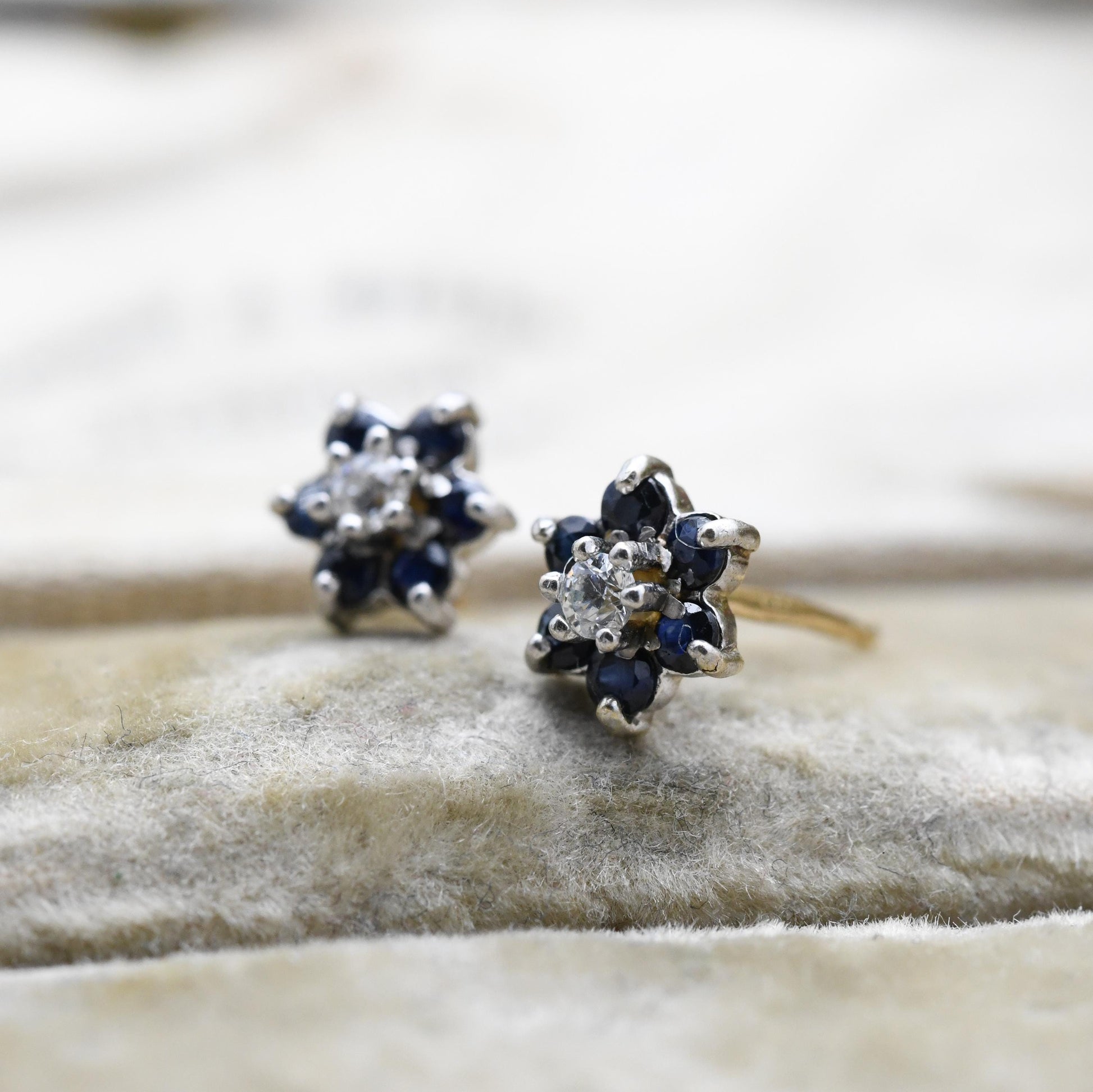 Vintage 9ct Gold Diamond Sapphire Cluster Flower Stud Earrings 1986 - Butterfly Backs | White Gold Front