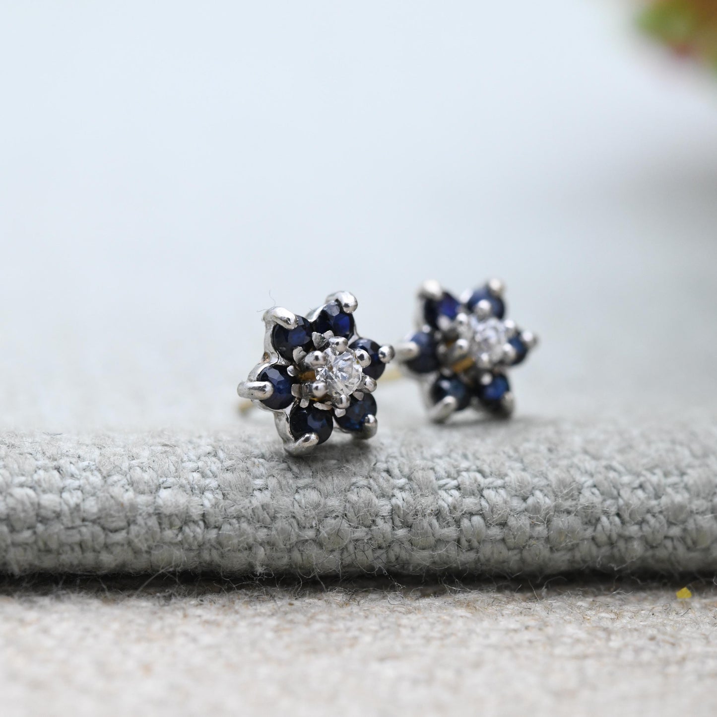 Vintage 9ct Gold Diamond Sapphire Cluster Flower Stud Earrings 1986 - Butterfly Backs | White Gold Front