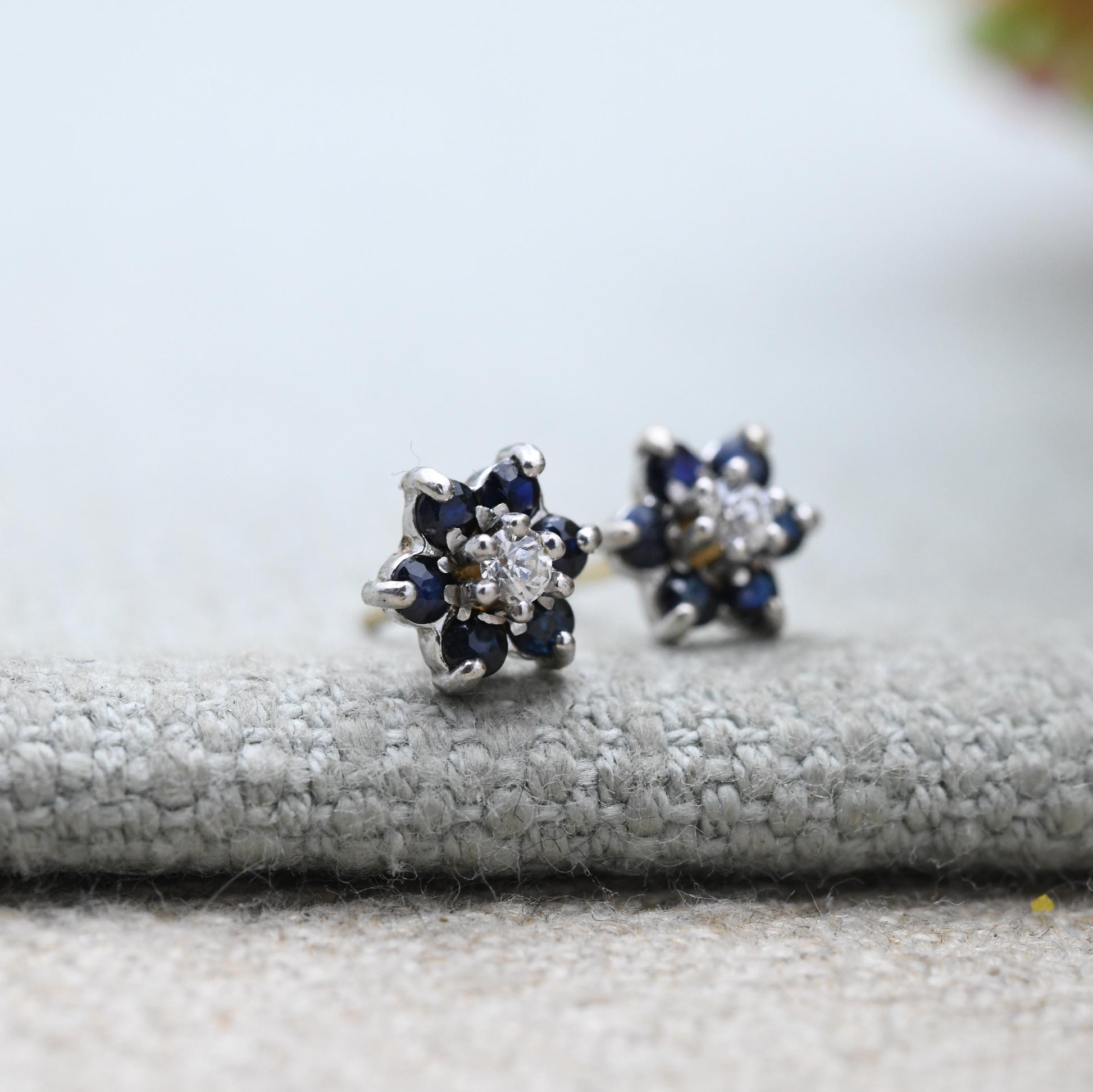 Vintage 9ct Gold Diamond Sapphire Cluster Flower Stud Earrings 1986 - Butterfly Backs | White Gold Front