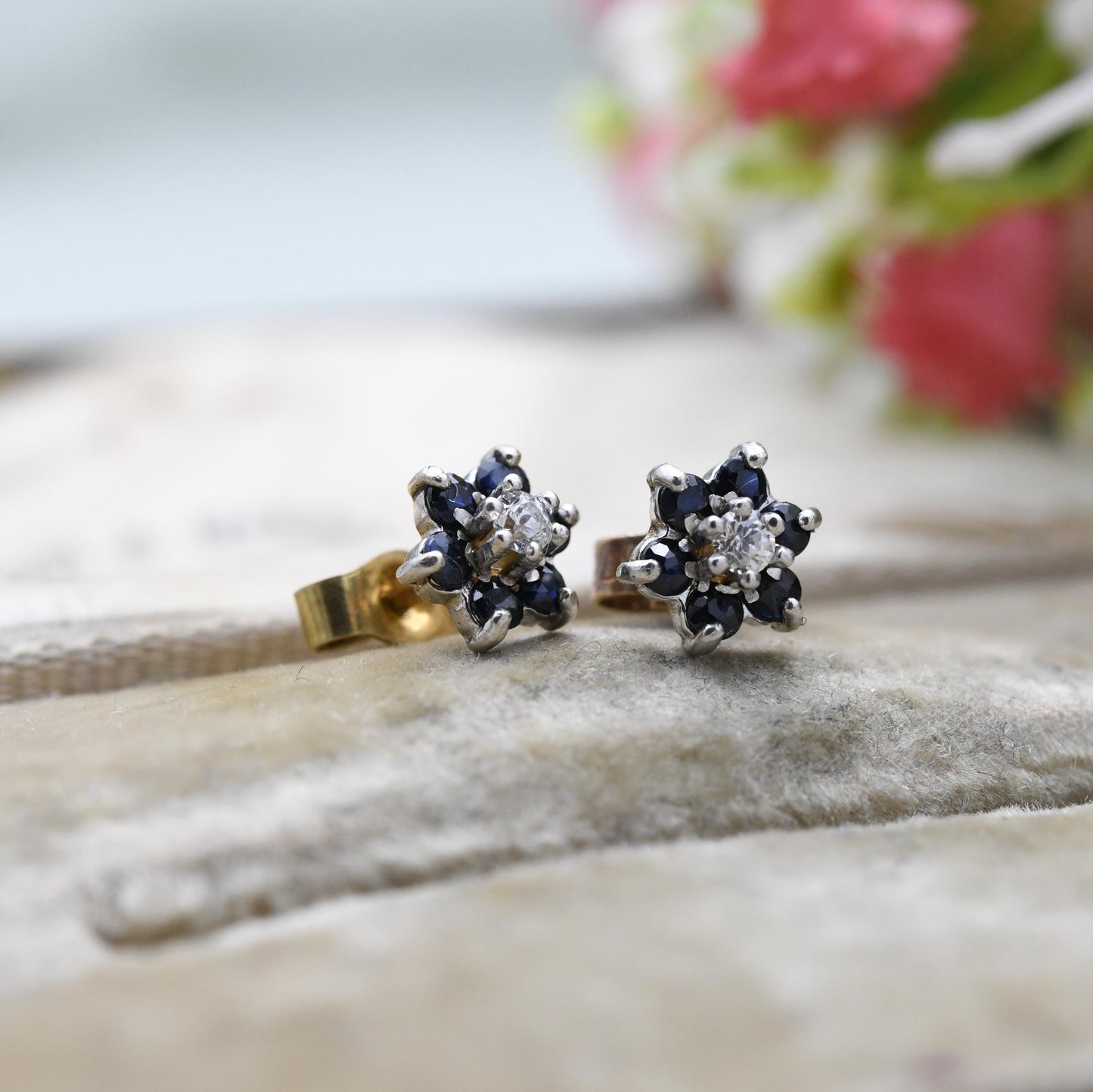 Vintage 9ct Gold Diamond Sapphire Cluster Flower Stud Earrings 1986 - Butterfly Backs | White Gold Front
