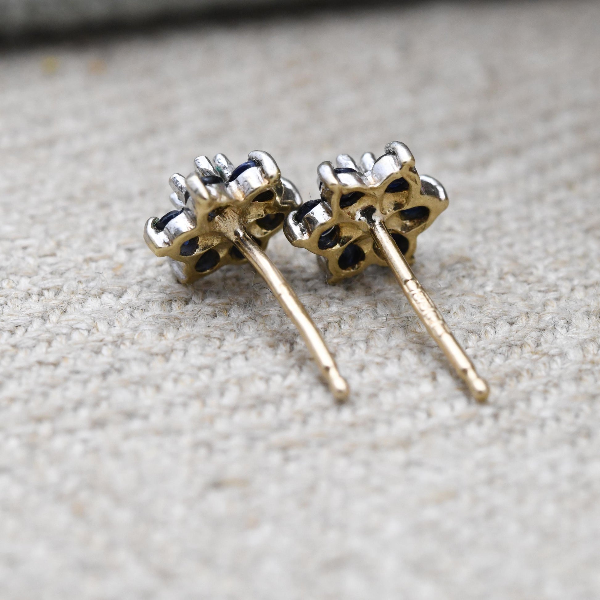 Vintage 9ct Gold Diamond Sapphire Cluster Flower Stud Earrings 1986 - Butterfly Backs | White Gold Front