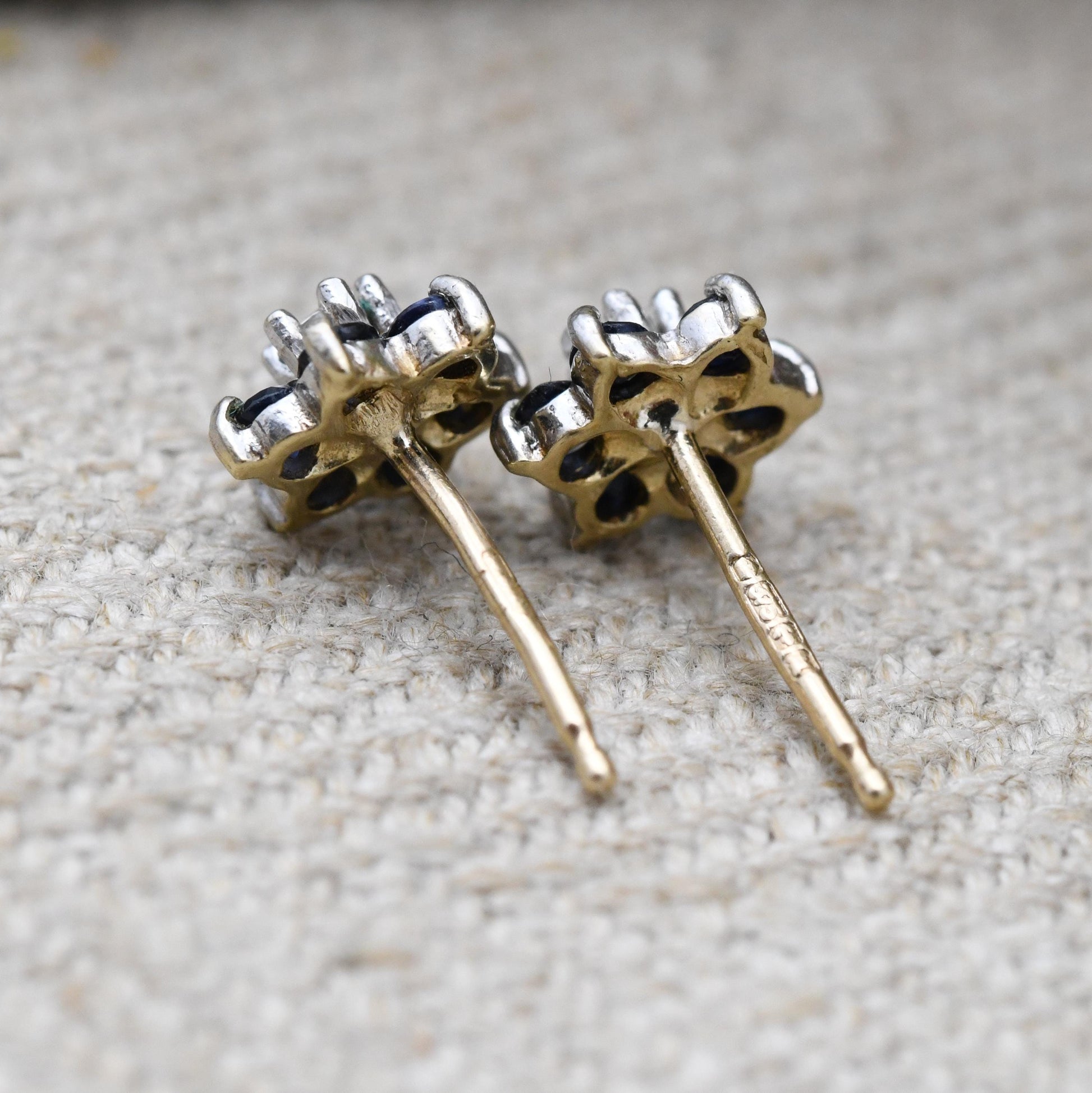 Vintage 9ct Gold Diamond Sapphire Cluster Flower Stud Earrings 1986 - Butterfly Backs | White Gold Front