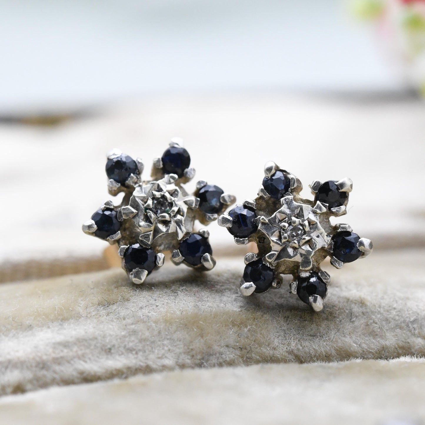 Vintage 9ct Gold Diamond Sapphire Cluster Flower Stud Earrings 1978 - Butterfly Backs | White Gold Front