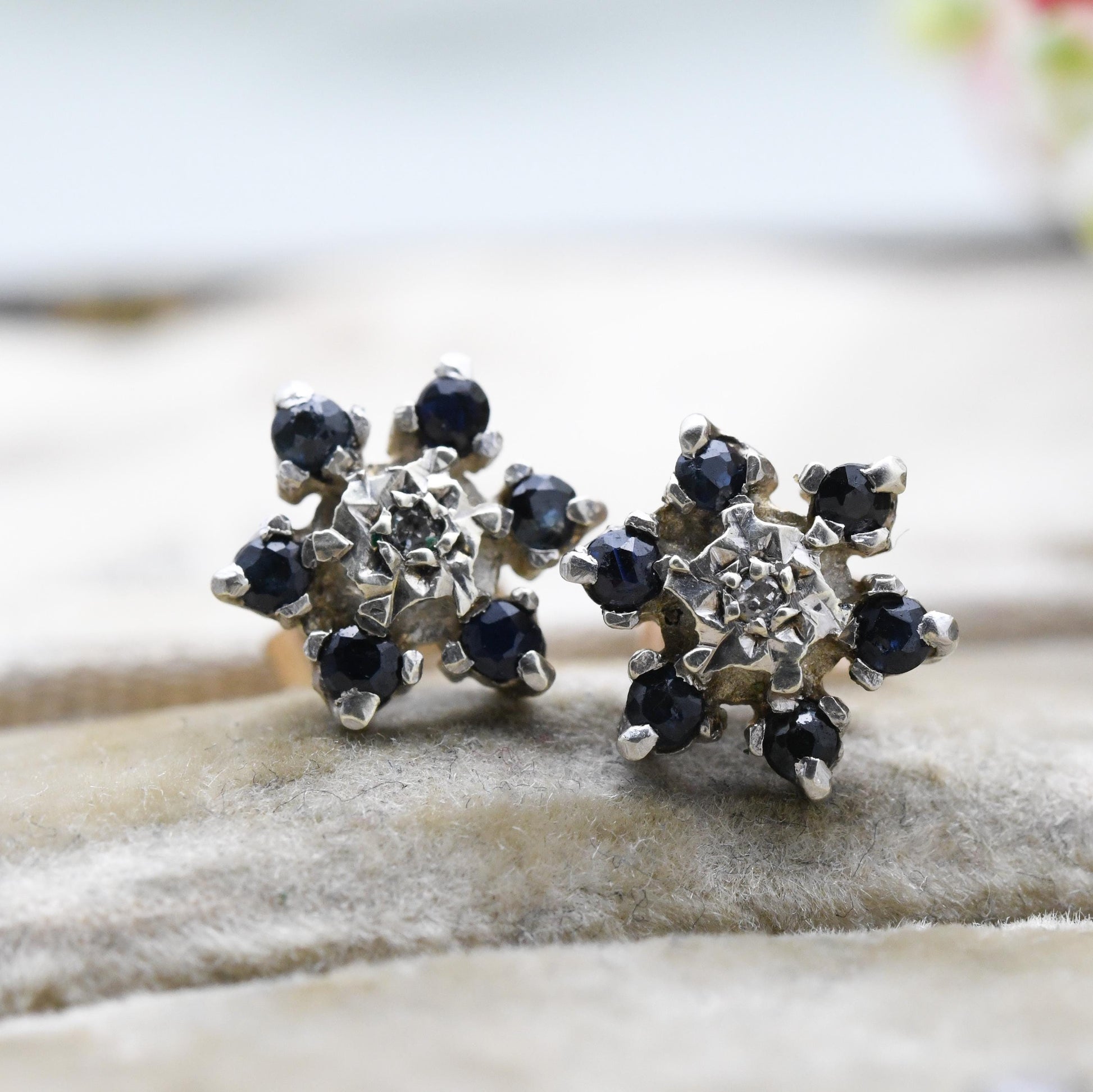 Vintage 9ct Gold Diamond Sapphire Cluster Flower Stud Earrings 1978 - Butterfly Backs | White Gold Front