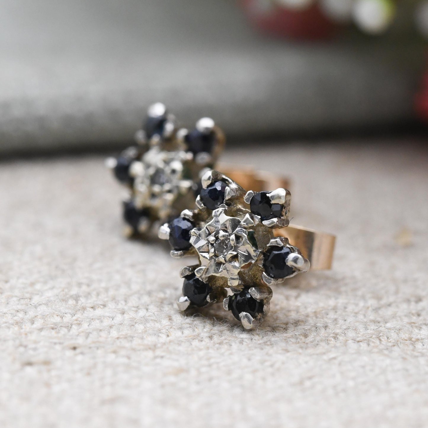 Vintage 9ct Gold Diamond Sapphire Cluster Flower Stud Earrings 1978 - Butterfly Backs | White Gold Front