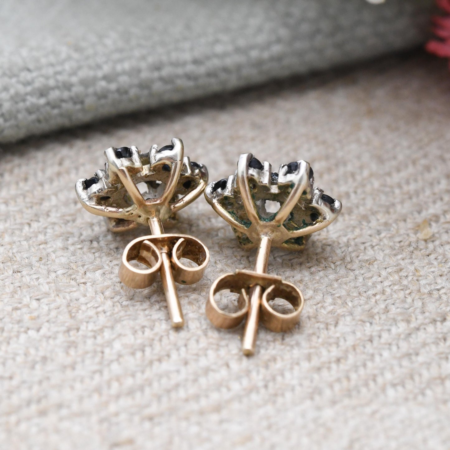 Vintage 9ct Gold Diamond Sapphire Cluster Flower Stud Earrings 1978 - Butterfly Backs | White Gold Front