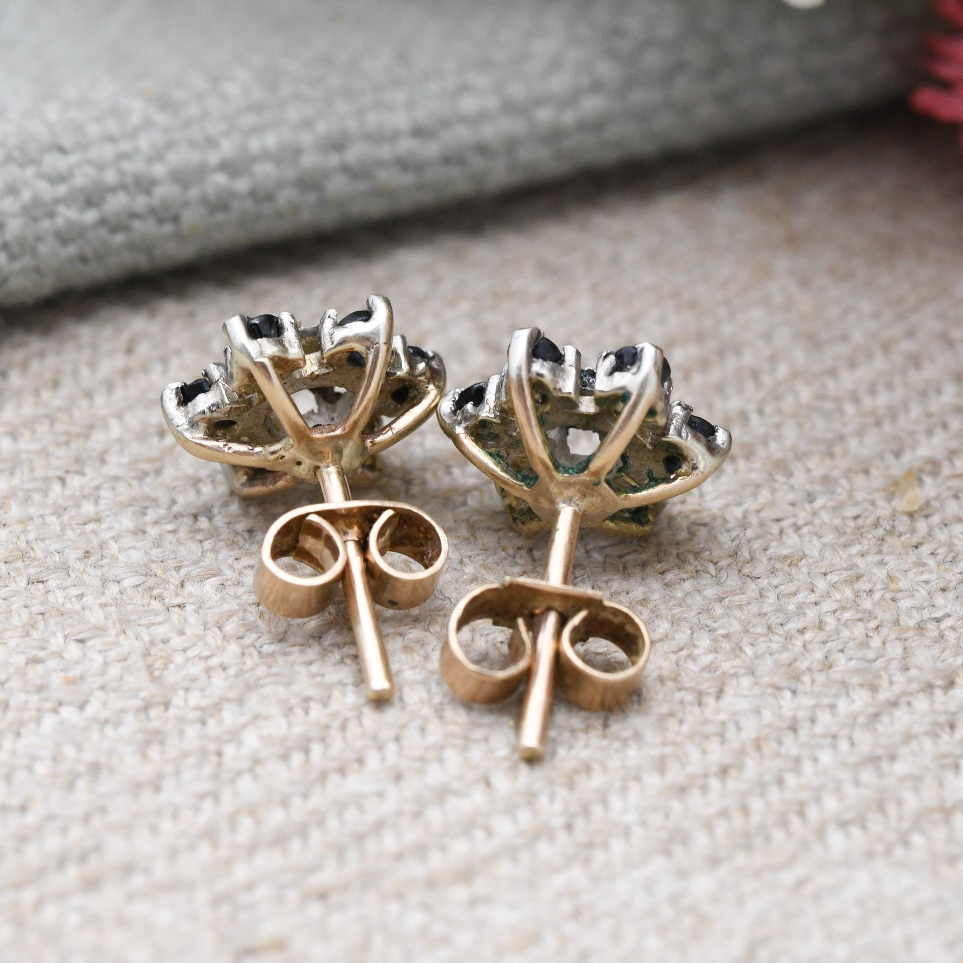 Vintage 9ct Gold Diamond Sapphire Cluster Flower Stud Earrings 1978 - Butterfly Backs | White Gold Front