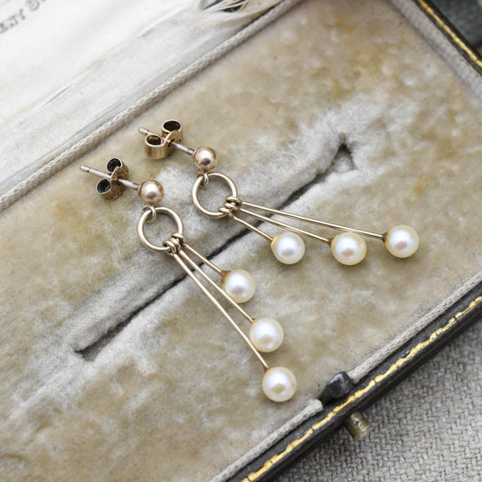 Vintage 9ct Gold Graduating Pearl Drop Earrings - Gold Dangle Stud Earrings | Pale Pink Round Ball Drops | Gift for Her