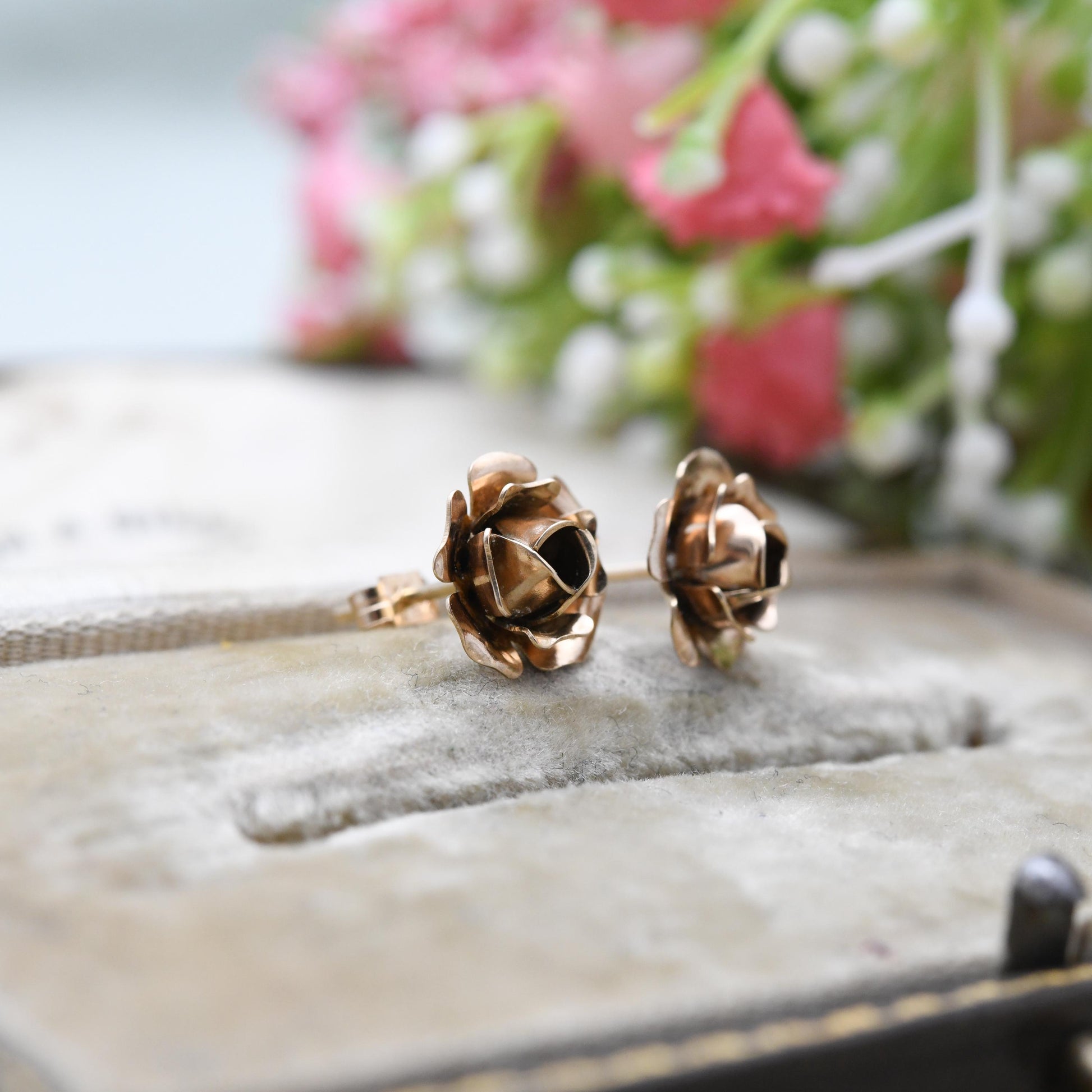 Vintage 9ct Gold Flower Stud Earrings 1977 - Statement Rose Shape Solitaire Floral Studs with Butterfly Backs | Gift for Her
