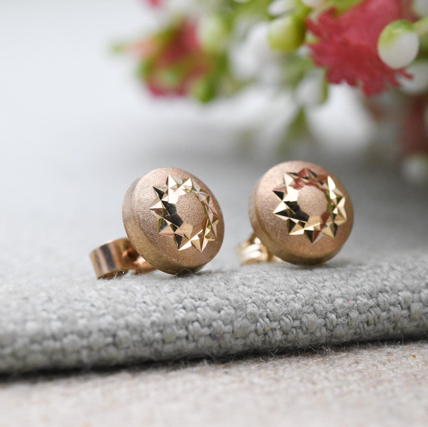 Vintage 9ct Gold Star Stud Earrings - Diamond Cut Textured Star Sun Yellow Gold Studs | Delicate Gold Jewellery Gift for Her