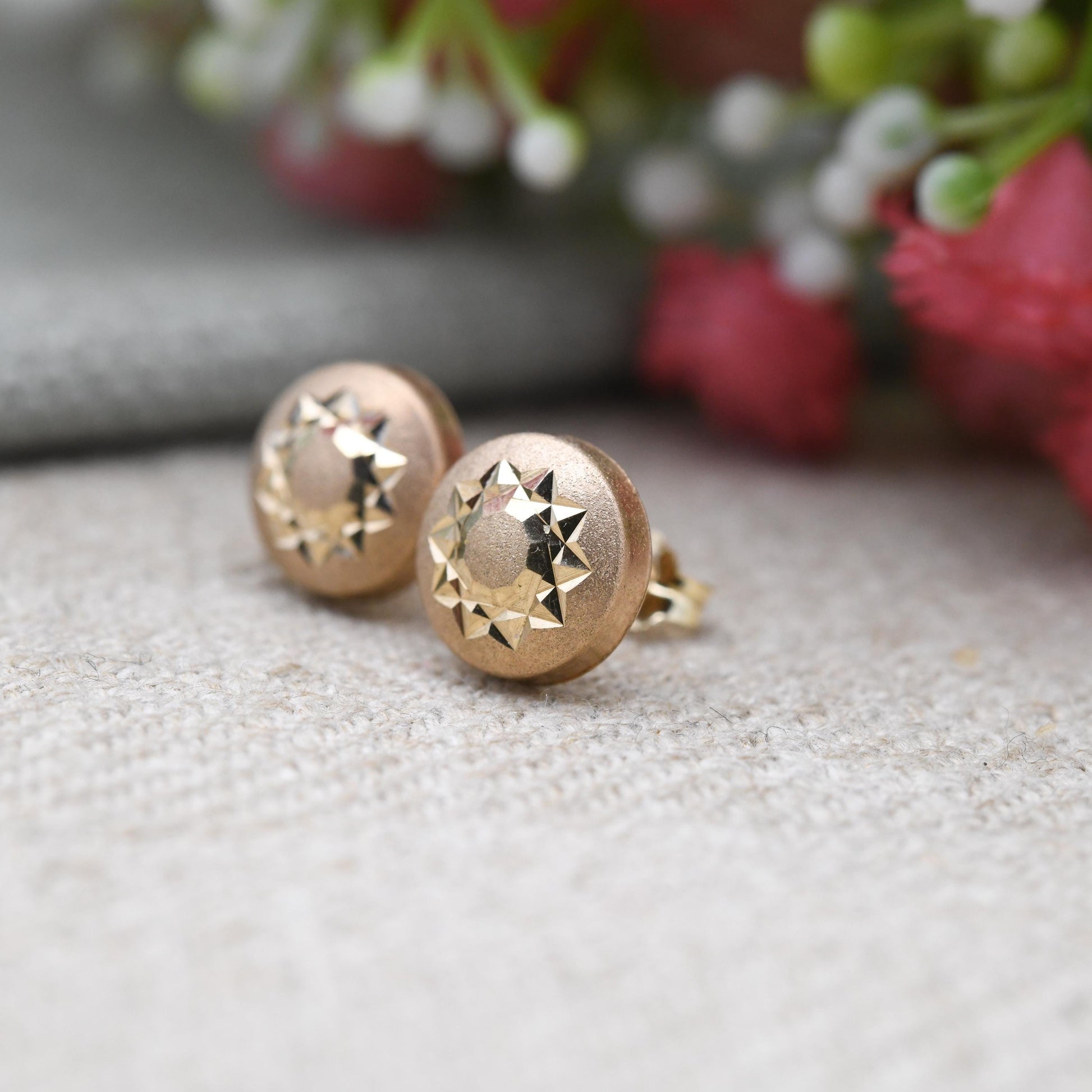 Vintage 9ct Gold Star Stud Earrings - Diamond Cut Textured Star Sun Yellow Gold Studs | Delicate Gold Jewellery Gift for Her