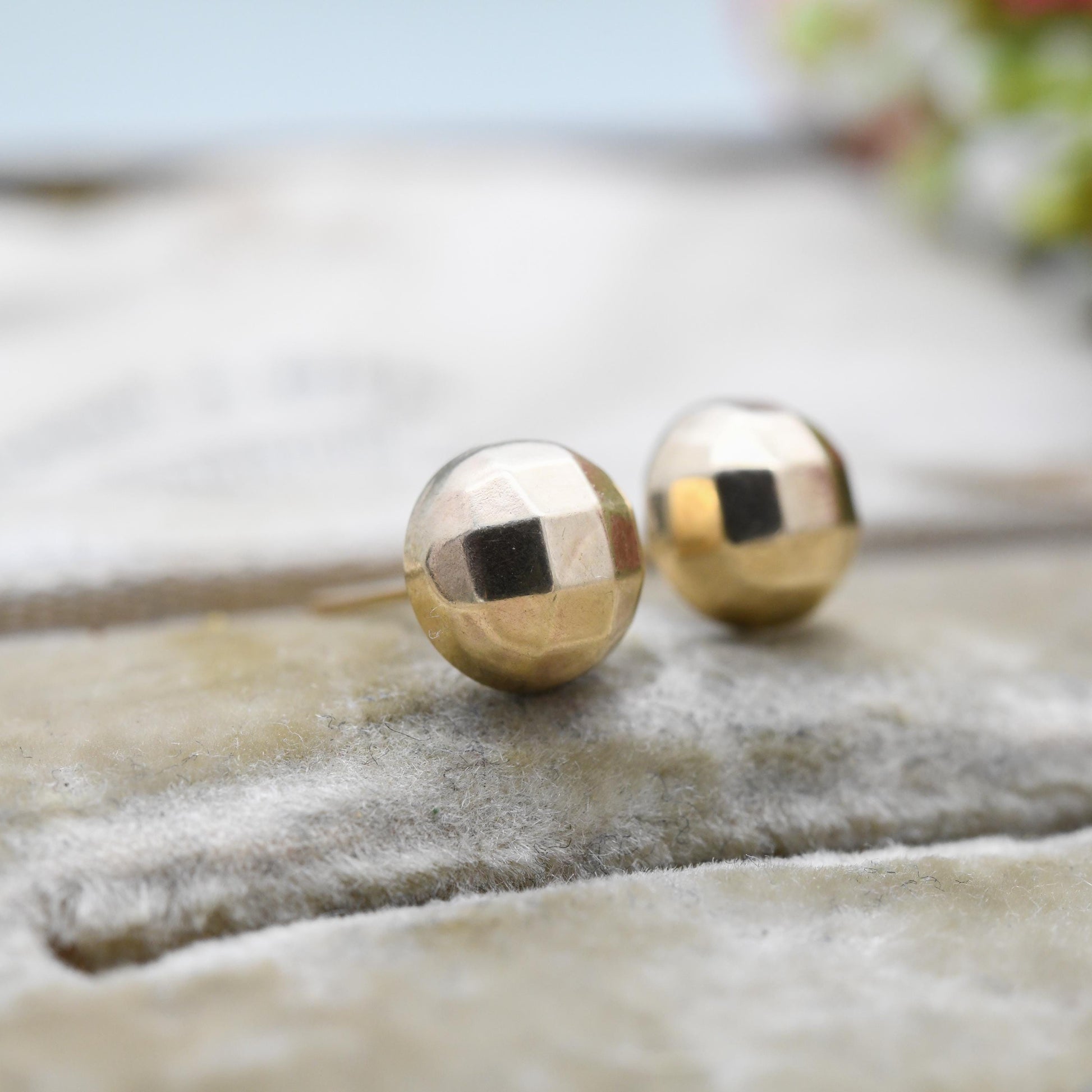 Vintage 9ct Gold Faceted Sphere Stud Earrings - Minimal Brushed Yellow Gold Square Studs | Delicate Gold Jewellery Gift for Her