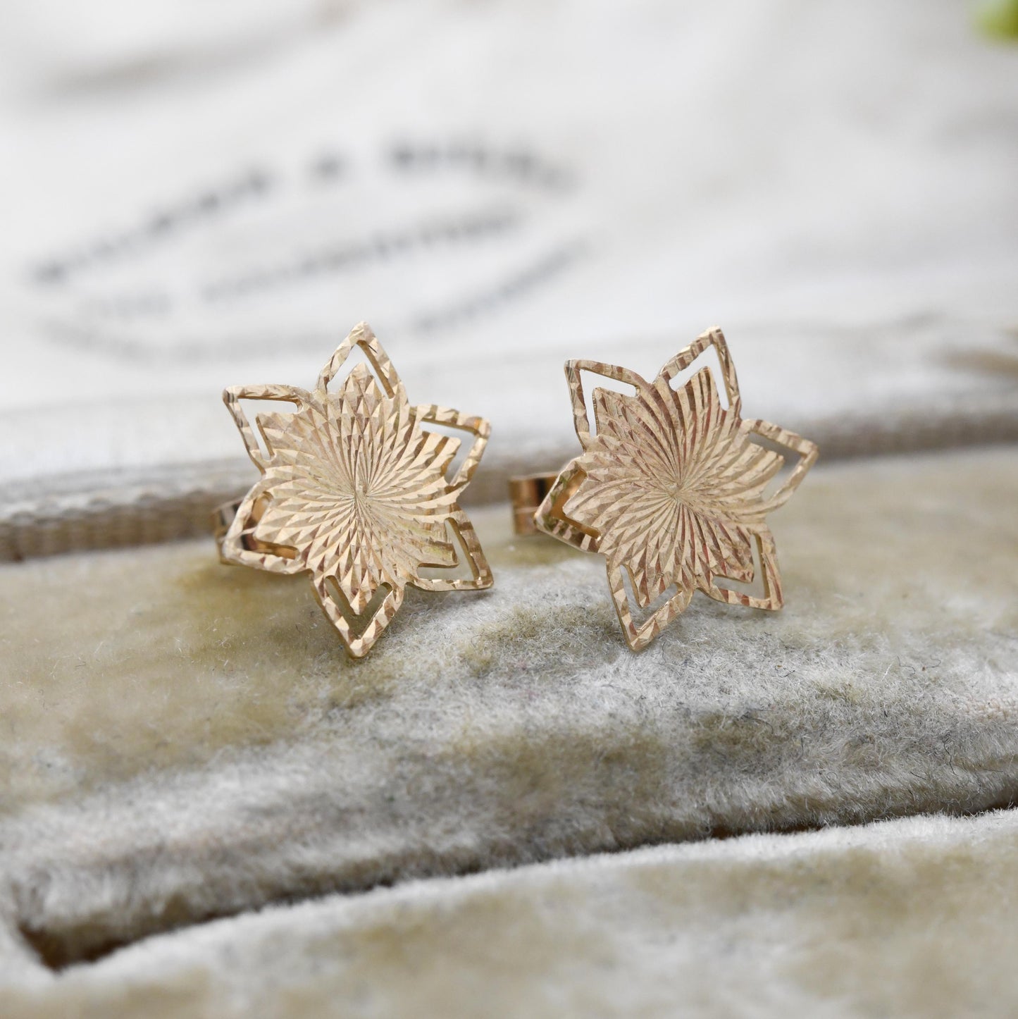 Vintage 9ct Gold Star Stud Earrings 1970 - Openwork Geometric Textured Star Design | Butterfly Backs | Gift for Her