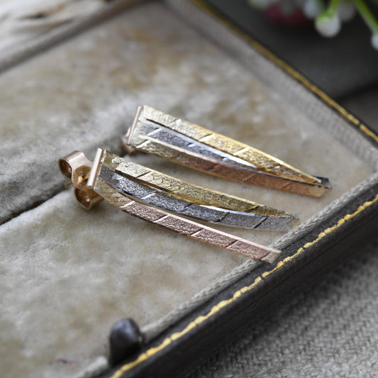 Vintage 9ct Gold Delicate Tassel Drop Stud Earrings - Tritone Rose Gold Silver Textured with Butterfly Backs | Gift for Her