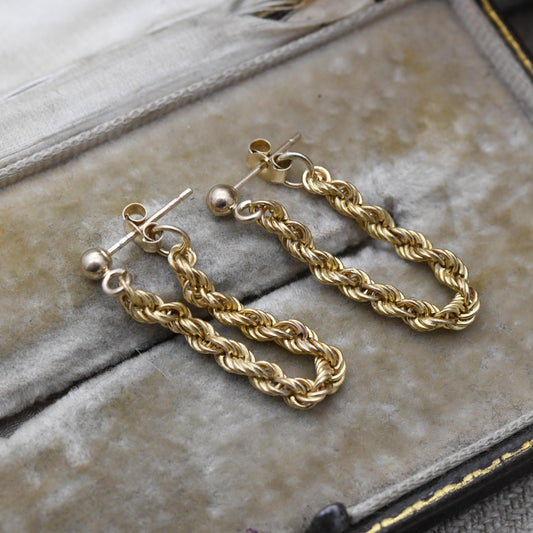 Vintage 9ct Gold Twisted Rope Chain Hoop Earrings - Pretty Light Gold Dangle Earrings with Butterfly Backs