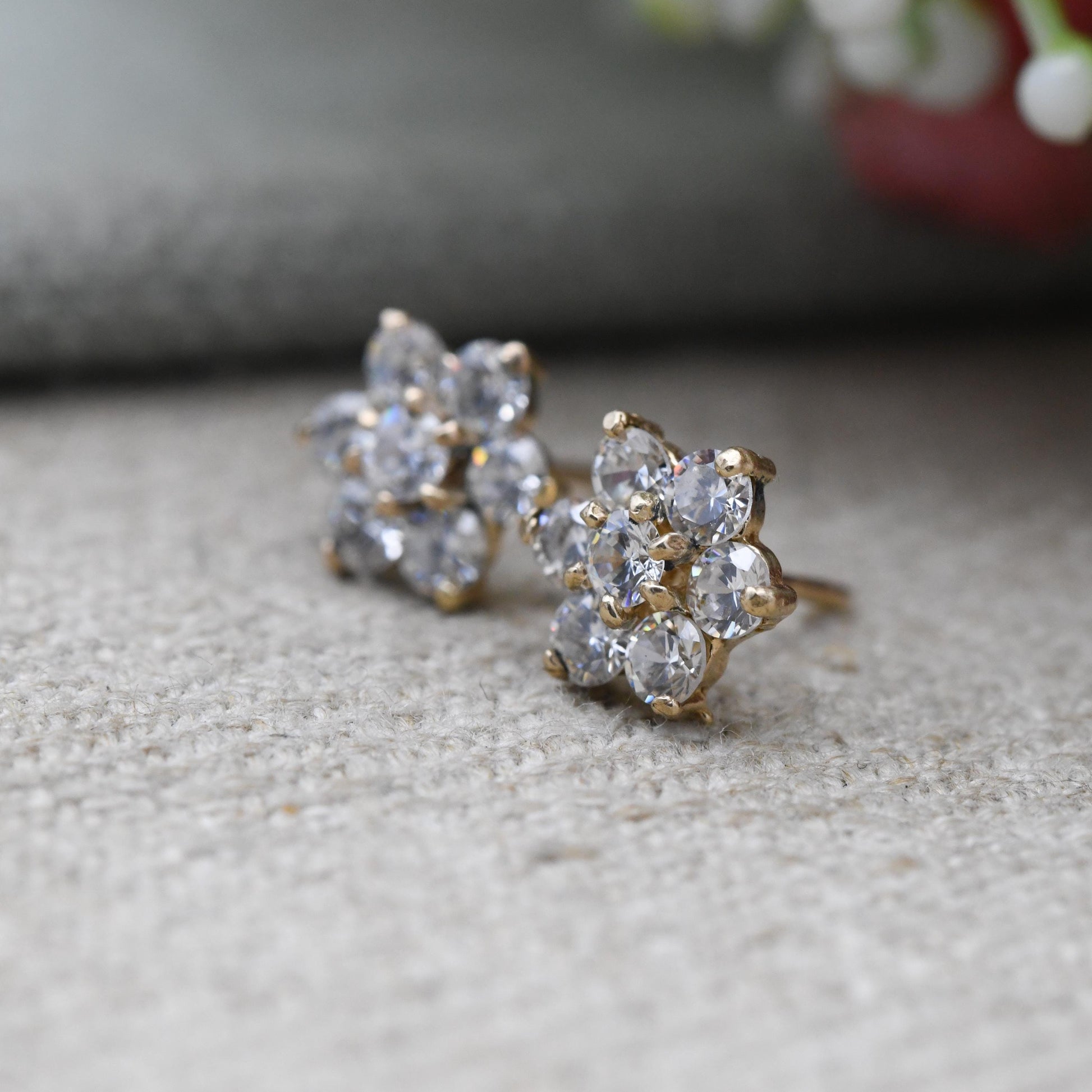 Vintage 9ct Gold CZ Cluster Stud Earrings - Sparkly Clear Stone | Gold Birthday Gift | Butterfly Back | Everyday Stud Earrings