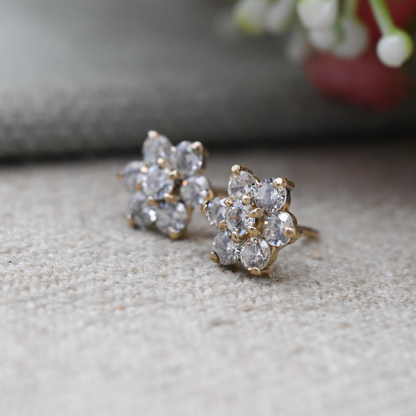 Vintage 9ct Gold CZ Cluster Stud Earrings - Sparkly Clear Stone | Gold Birthday Gift | Butterfly Back | Everyday Stud Earrings