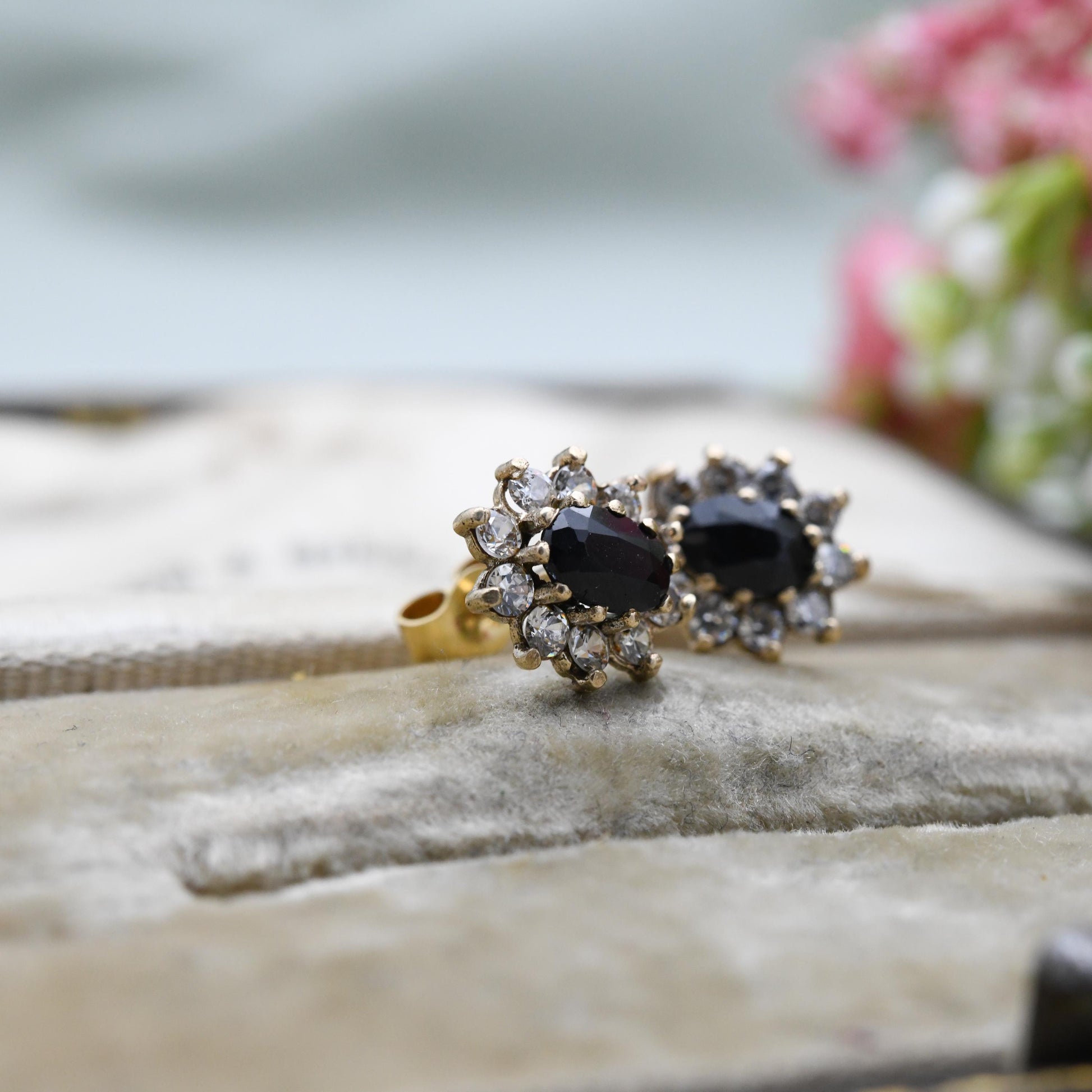 Vintage 9ct Gold Sapphire and CZ Halo Stud Earrings - Floral Blue Gemstone Studs with Butterfly Backs | Sparkly Stone Earrings