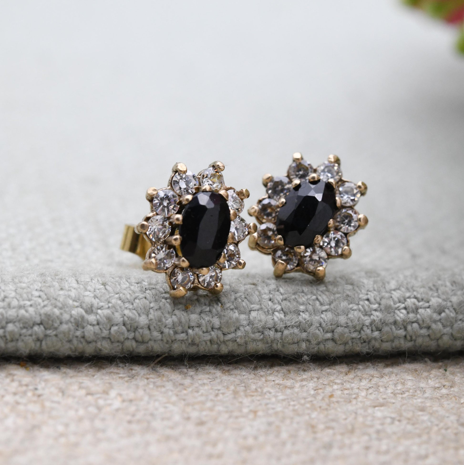 Vintage 9ct Gold Sapphire and CZ Halo Stud Earrings - Floral Blue Gemstone Studs with Butterfly Backs | Sparkly Stone Earrings