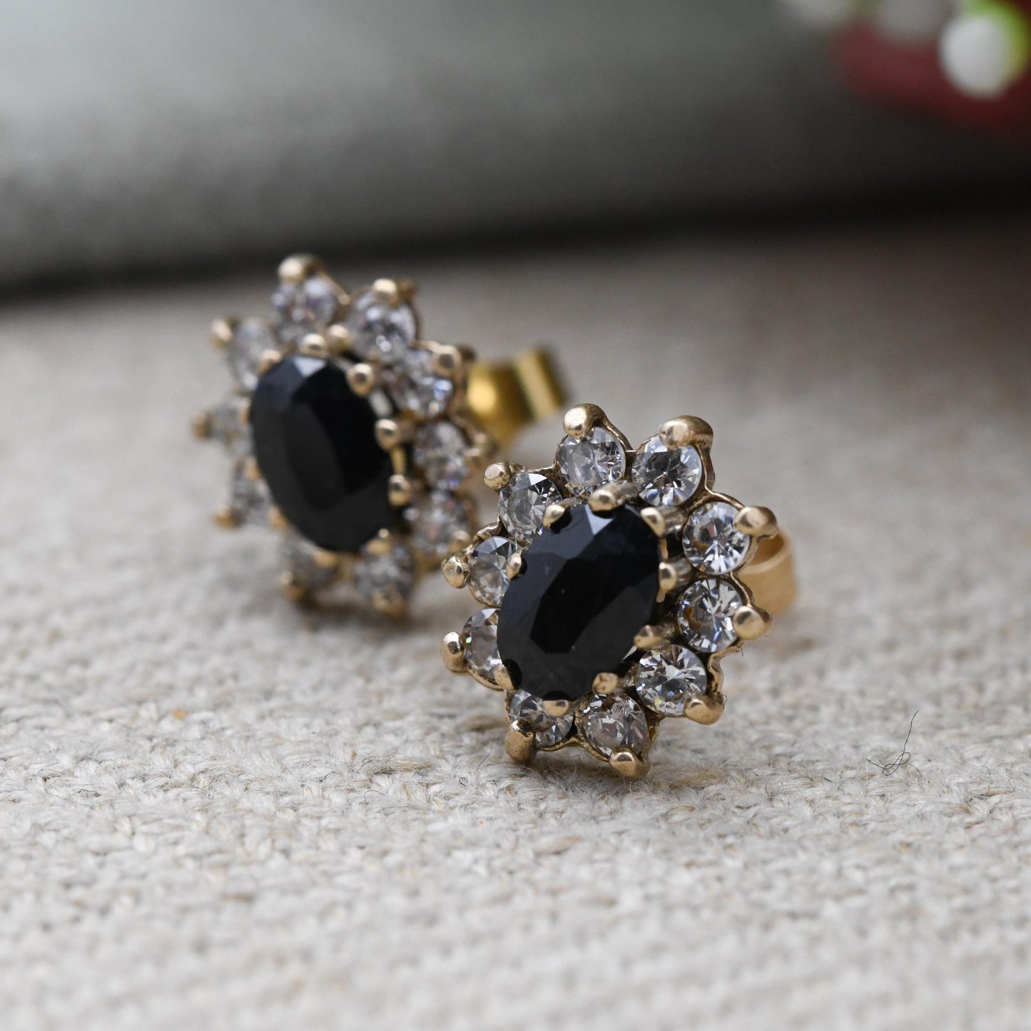 Vintage 9ct Gold Sapphire and CZ Halo Stud Earrings - Floral Blue Gemstone Studs with Butterfly Backs | Sparkly Stone Earrings