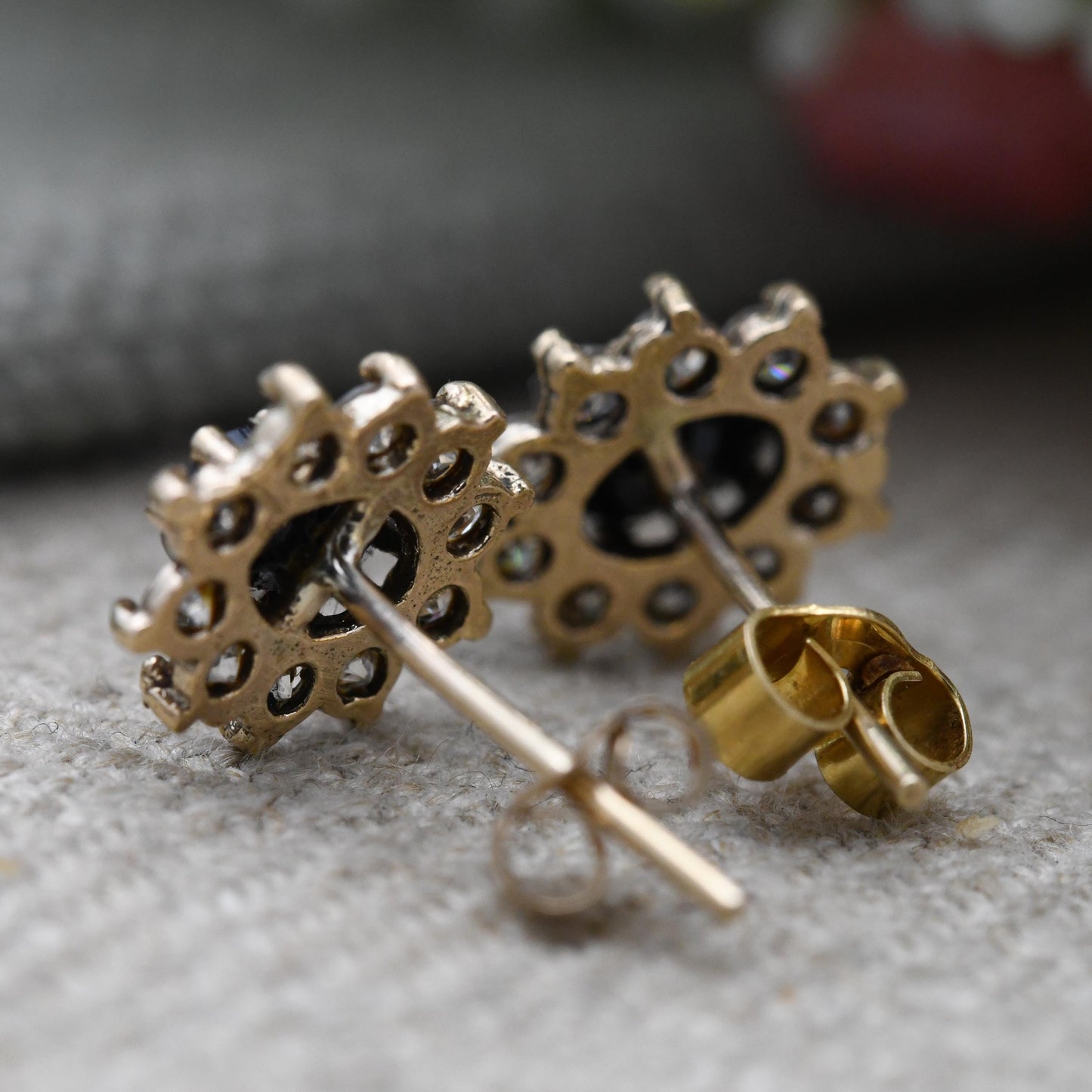Vintage 9ct Gold Sapphire and CZ Halo Stud Earrings - Floral Blue Gemstone Studs with Butterfly Backs | Sparkly Stone Earrings