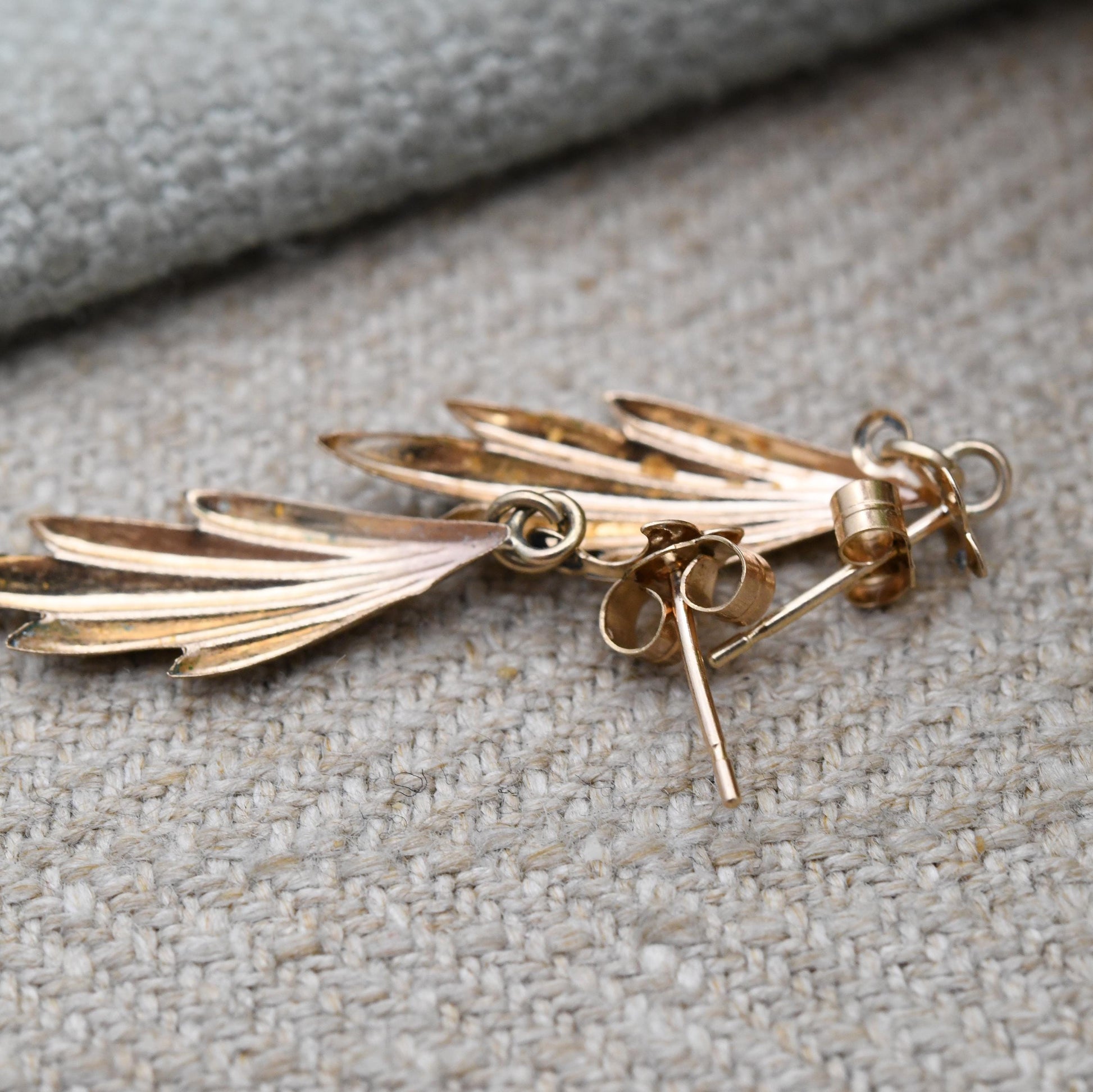 Vintage 9ct Gold Drop Earrings with Diamond Cut Engraved Pattern with Butterfly Backs