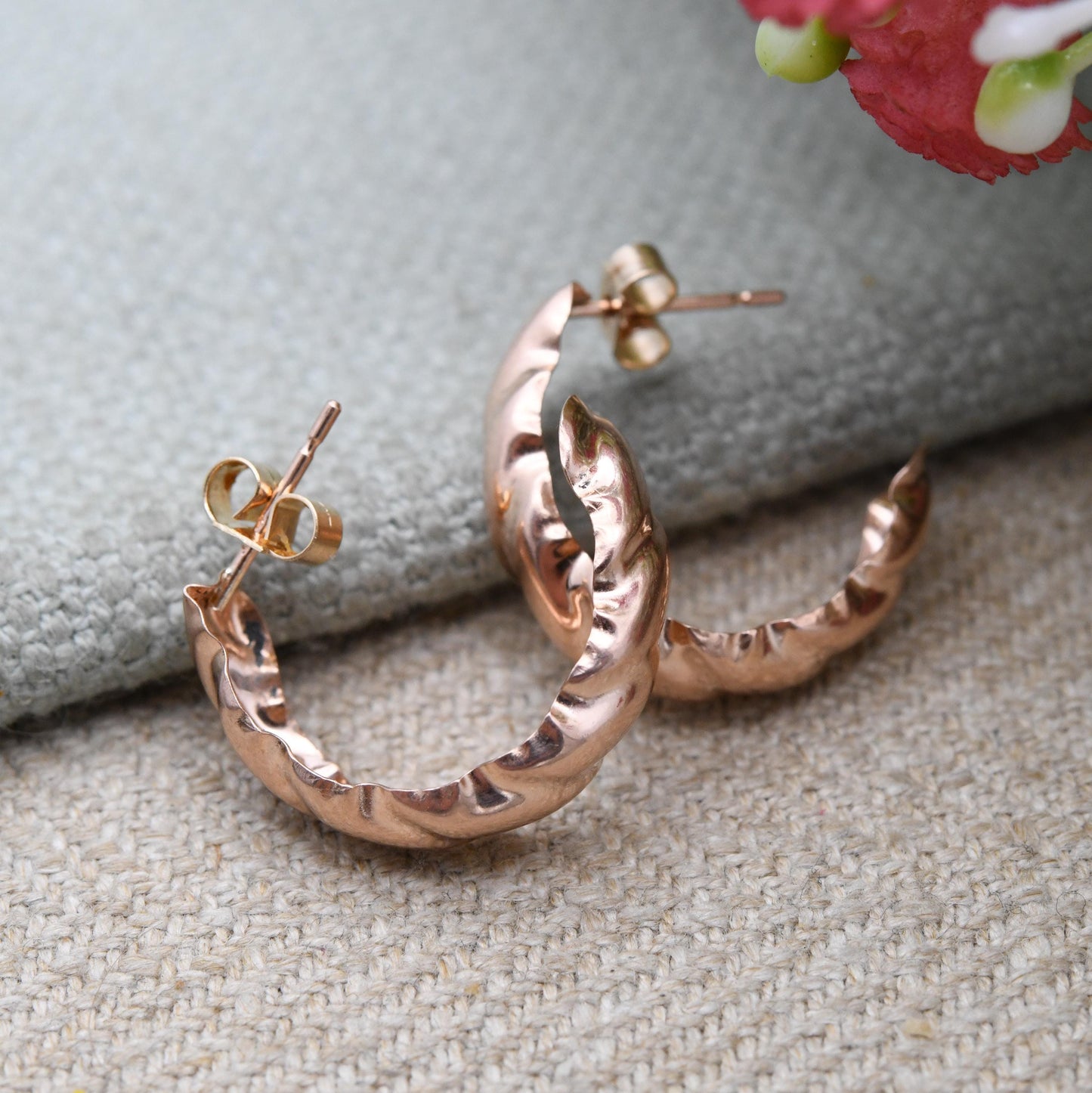 Vintage 9ct Rose Gold Hoop Stud Earrings Mid-Century - Half Circle Shape Big Stud | Solid Gold Jewellery Gift for Her | with Butterfly Backs