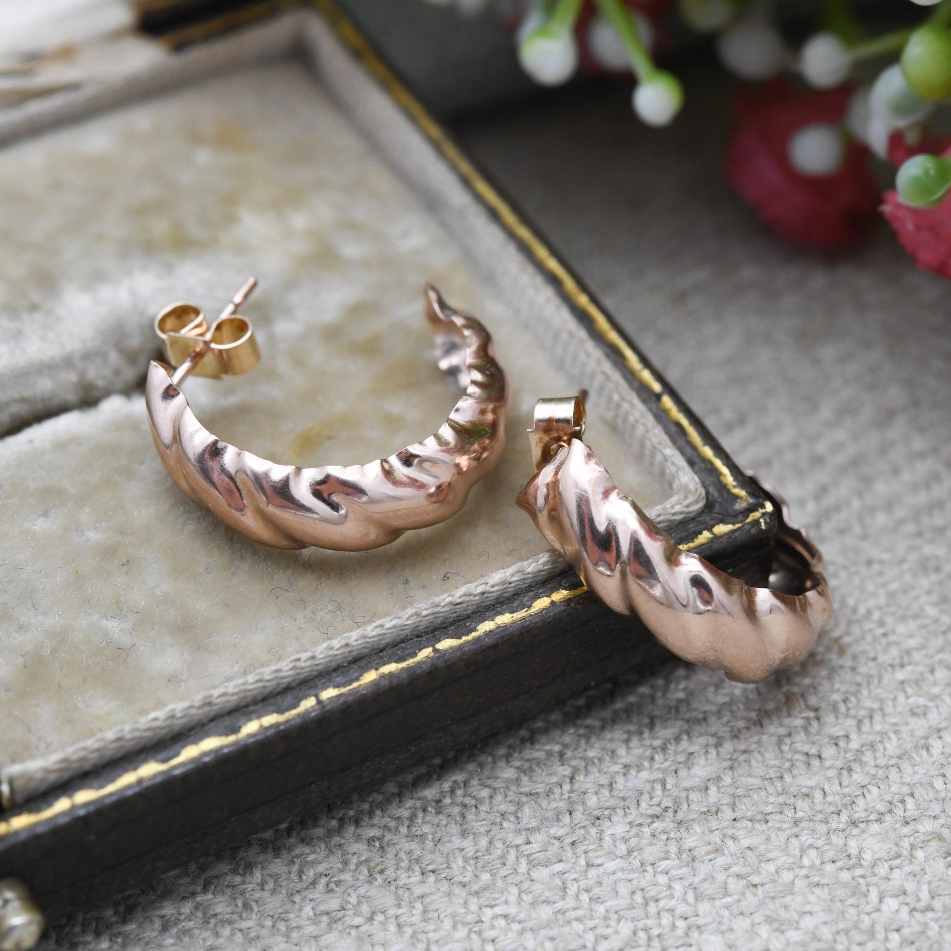 Vintage 9ct Rose Gold Hoop Stud Earrings Mid-Century - Half Circle Shape Big Stud | Solid Gold Jewellery Gift for Her | with Butterfly Backs