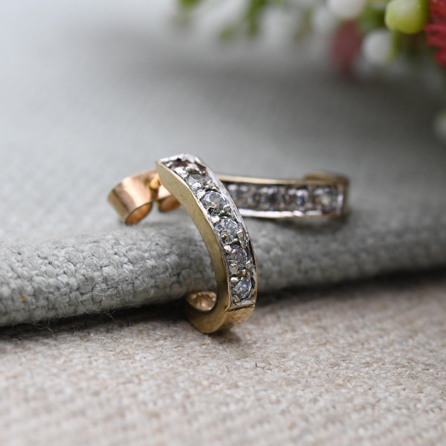Vintage 9ct Gold Clear Stone Half Hoop Stud Earrings Mid-Century - Semi Circle | Solid Gold Jewellery Gift for Her | with Butterfly Backs