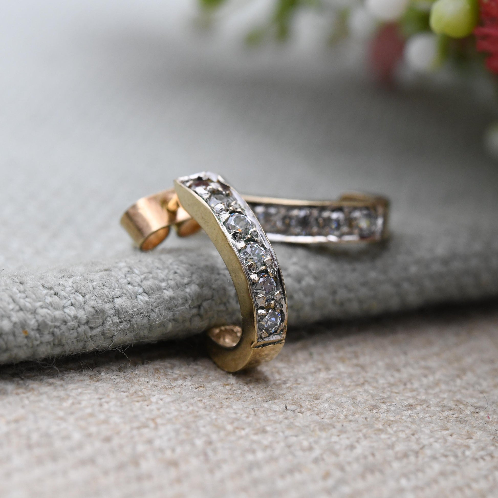 Vintage 9ct Gold Clear Stone Half Hoop Stud Earrings Mid-Century - Semi Circle | Solid Gold Jewellery Gift for Her | with Butterfly Backs